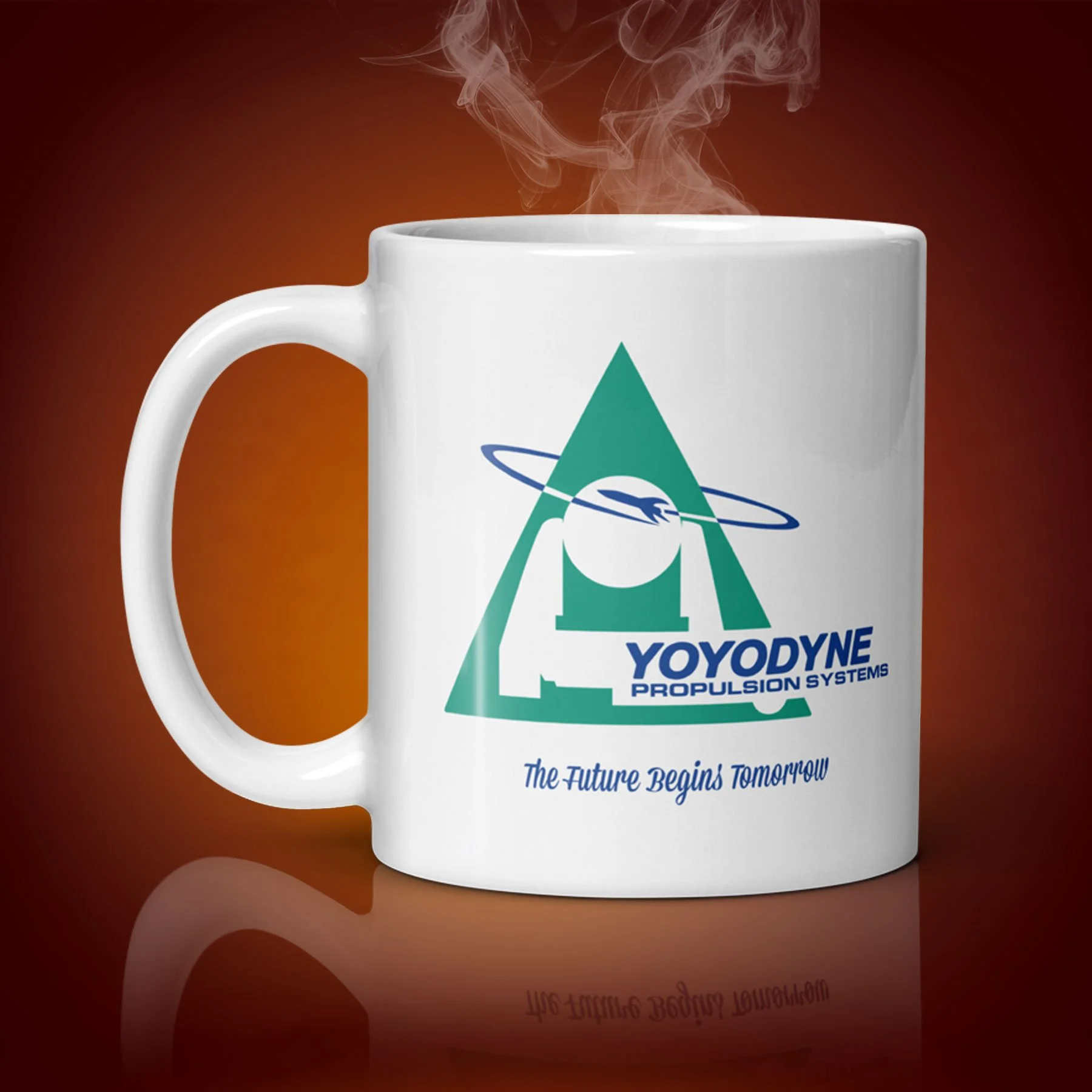 a 11 oz Yoyodyne Mug showing the left side. The movie The Adventures of Buckaroo Banzai inspired the mug. $21.99 with shipping included.