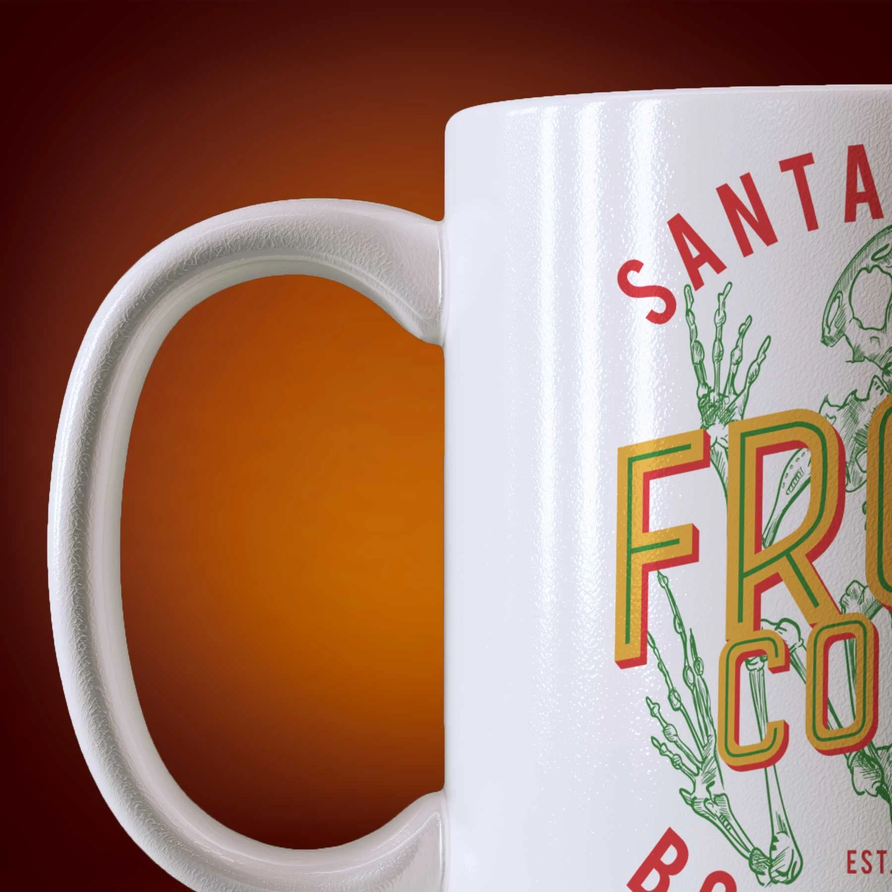 Close-up of an 11-oz Frog Comics Mug.