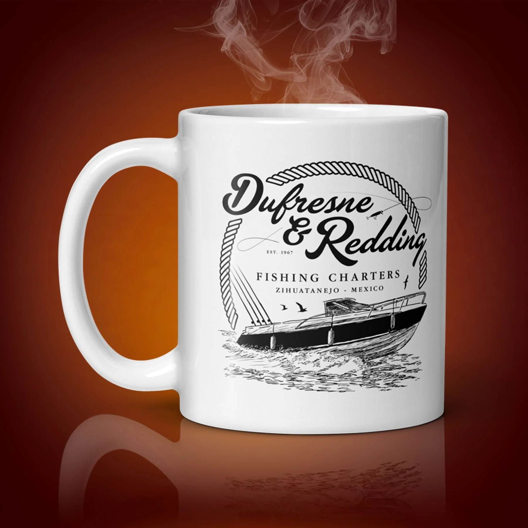 An 11-oz Dufresne & Redding mug displays the right side. The artwork on our mug is inspired by the movie "The Shawshank Redemption". It is available for $21.99 with free shipping.