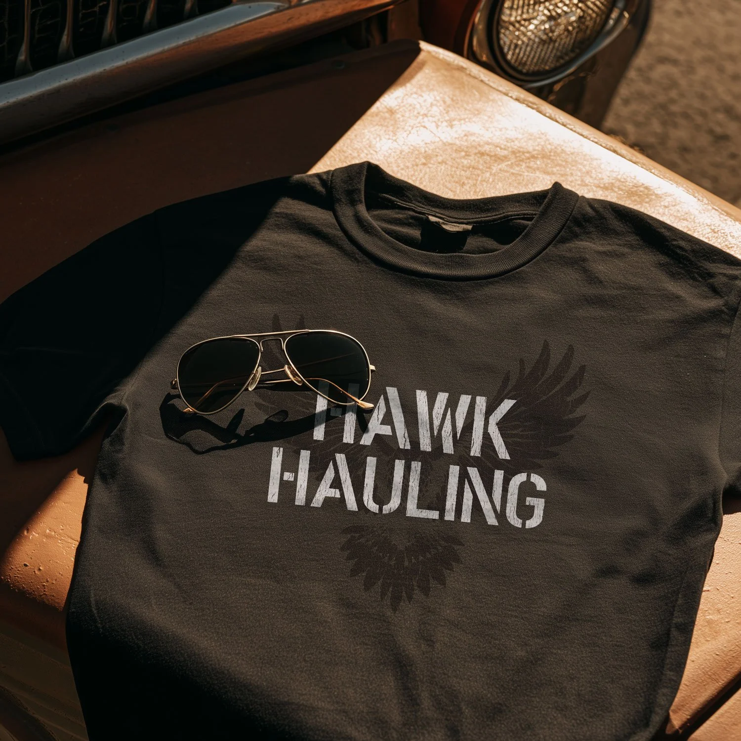 A Hawk Hauling T-shirt is draped over the hood of a truck, with a pair of aviator sunglasses resting on top.