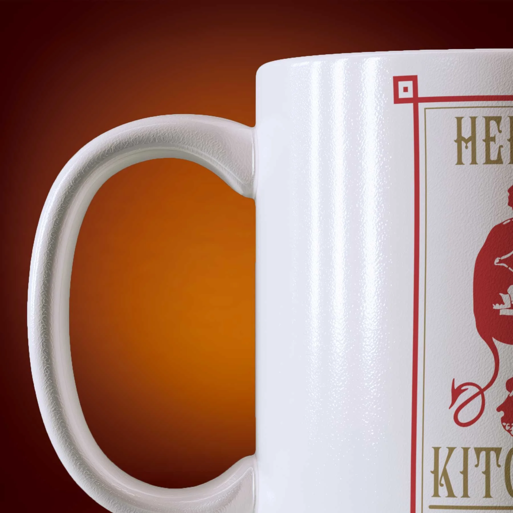 Close-up of an 11-oz Hell's Kitchen mug displays the left side.