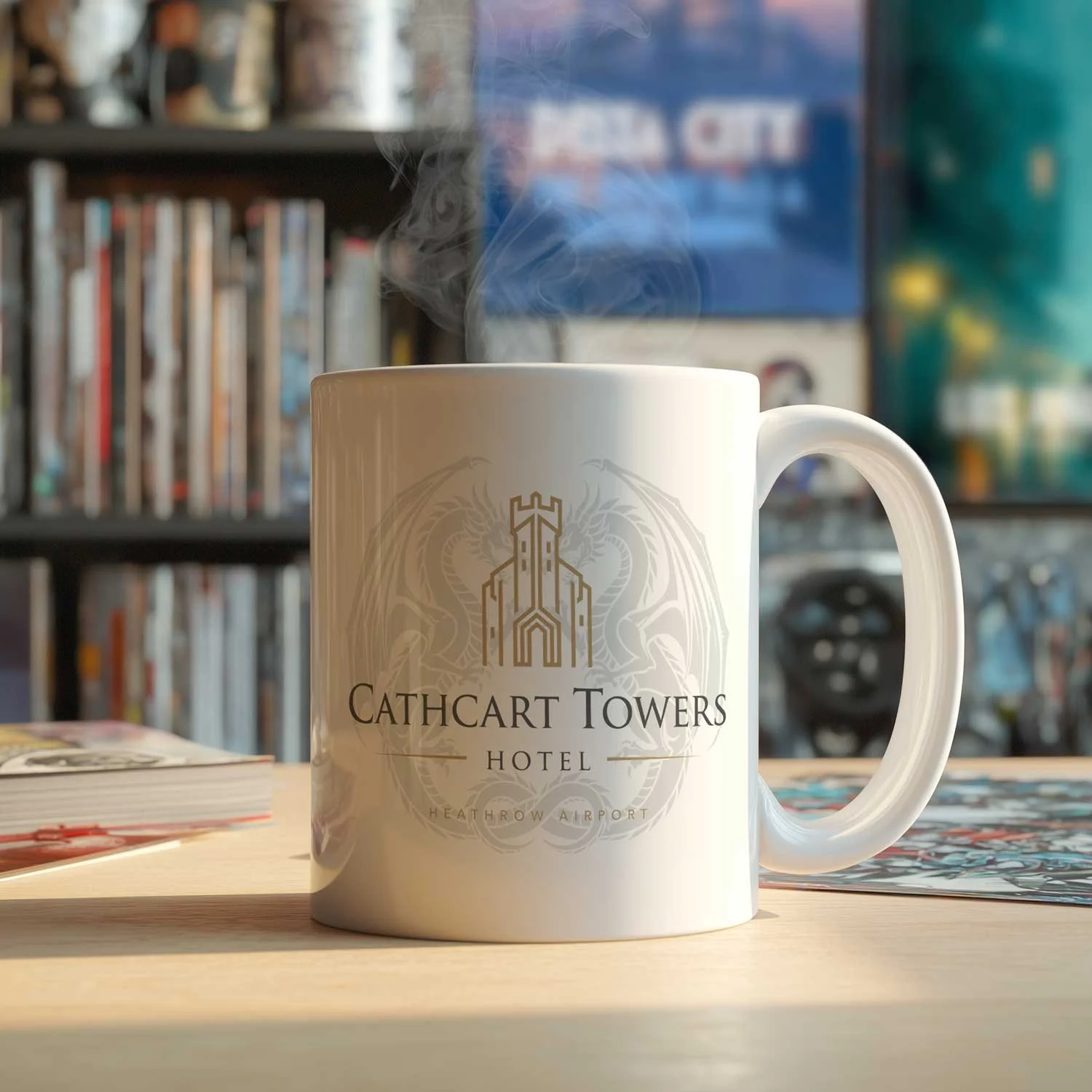A Cathcart Towers Hotel Mug is displayed on a table, filled with coffee.