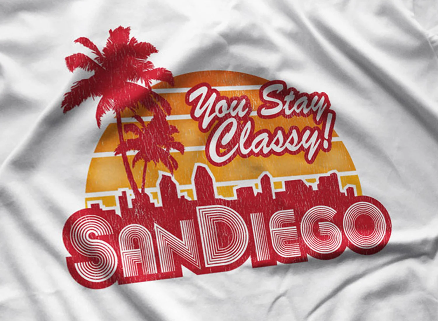 Close-up of a You Stay Classy! San Diego Long Sleeve T-shirt in White. Get your "Anchorman"-inspired shirt in sizes S to 5XL, starting at just $27.99 with free shipping.