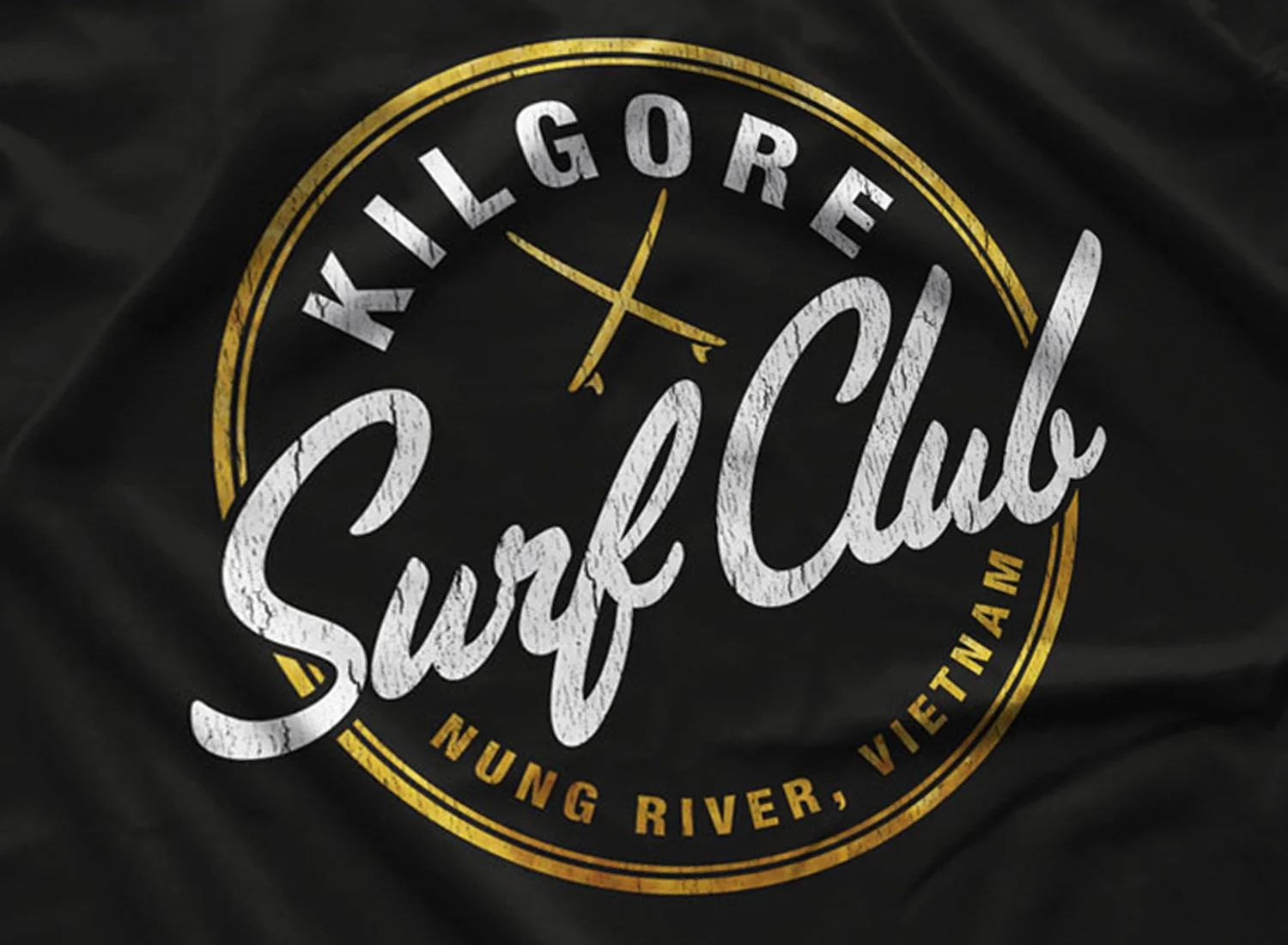 Close-up of a Kilgore Surf Club Long Sleeve T-shirt in Black. Get your "Apocalypse Now"-inspired shirt in sizes S to 5XL, starting at just $27.99 with free shipping.