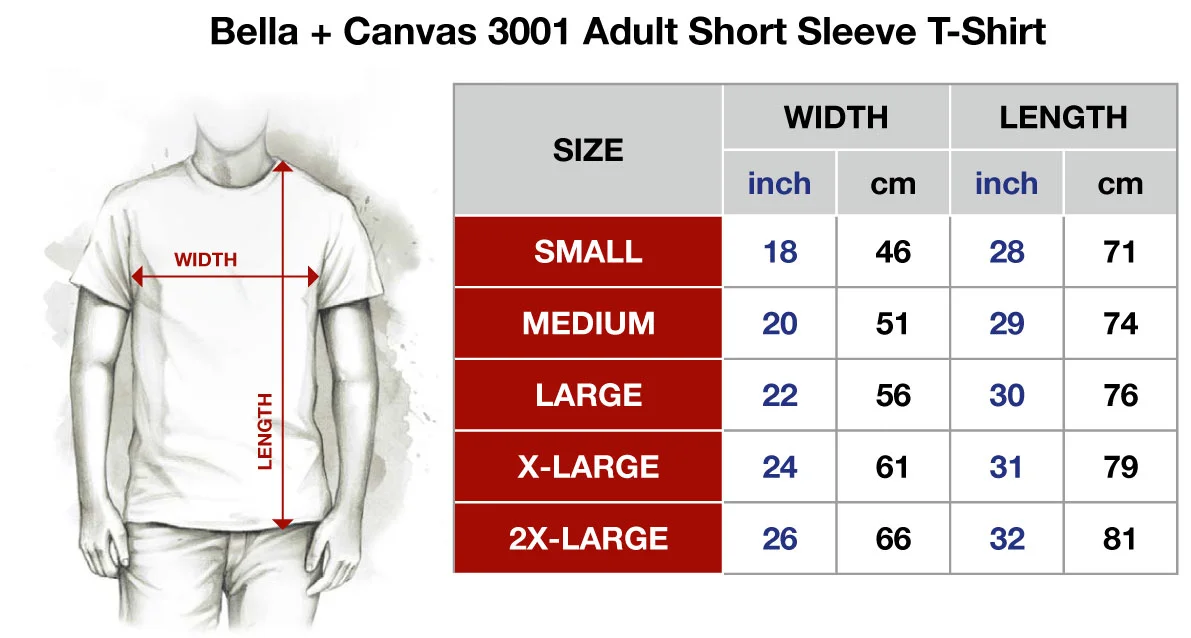 Bella + Canvas 3001 Adult Short Sleeve T-Shirt: The Bella + Canvas 3001 t-shirt feels soft and light, with just the right amount of stretch. It's comfortable and the unisex cut is flattering for both men and women. • 100% combed and ring-spun cotton • Fabric weight: 4.2 oz/y² (142 g/m²) • 30 single • Shoulder-to-shoulder taping • Side-seamed