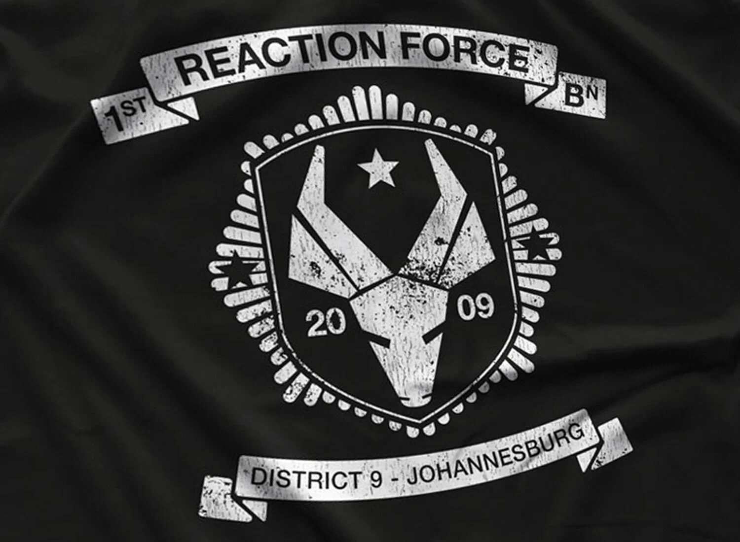 Close-up of a 1st Reaction Force Battalion Long Sleeve T-shirt in Black. Get your "District 9"-inspired shirt in sizes S to 5XL, starting at just $27.99 with free shipping.