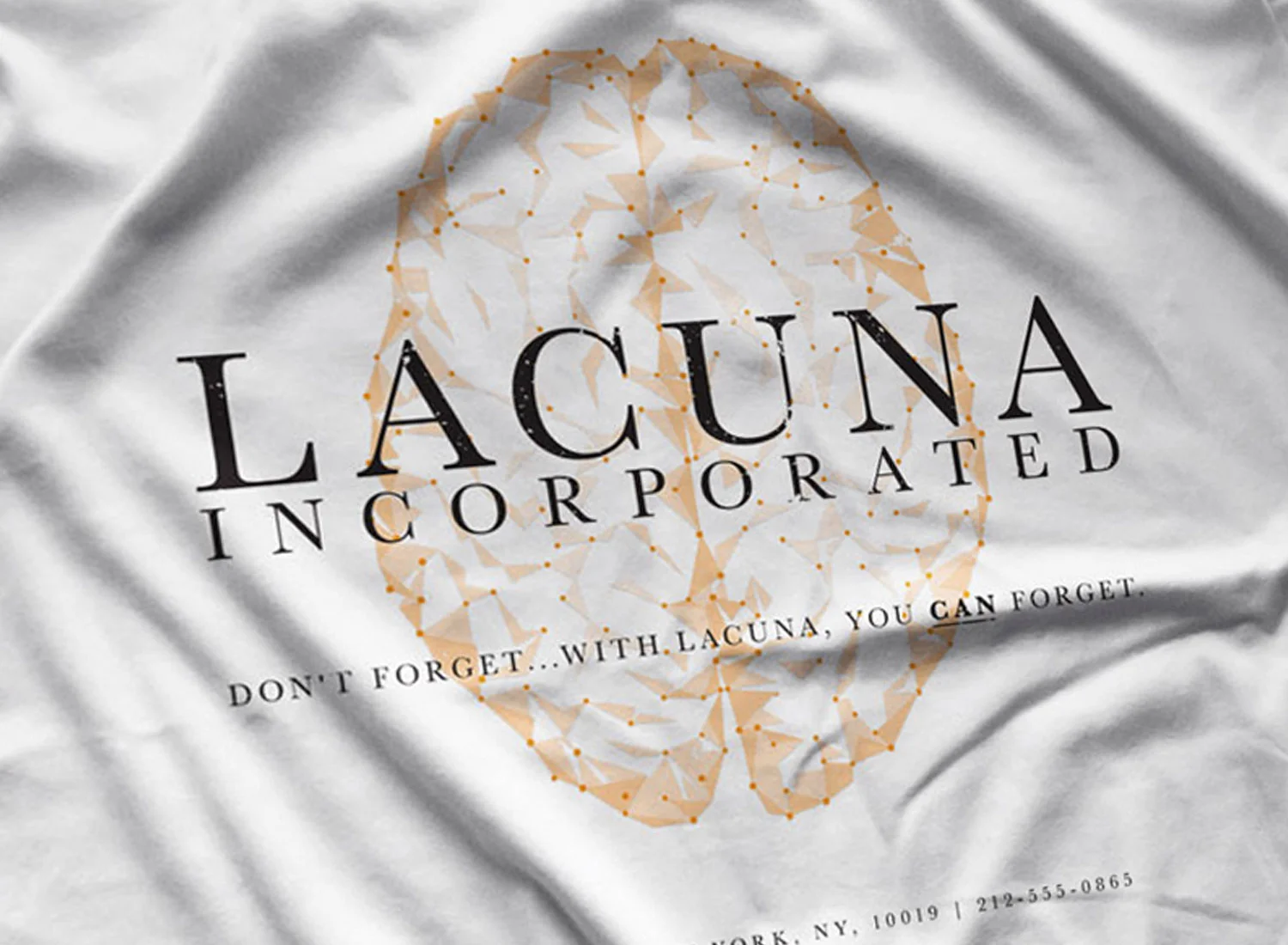 Close-up of a Lacuna Incorporated Long Sleeve T-shirt in White. Get your "Eternal Sunshine of the Spotless Mind"-inspired shirt in sizes S to 5XL, starting at just $27.99 with free shipping.