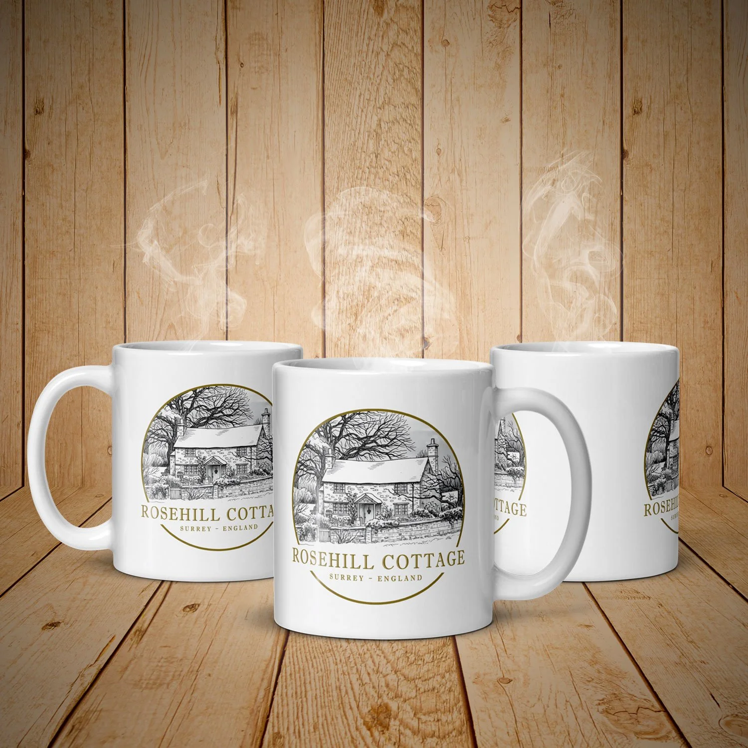 Three 11oz Rosehill Cottage mugs showing the right, left, and center sides. The movie “The Holiday” inspired the mug. $21.99 with shipping included.