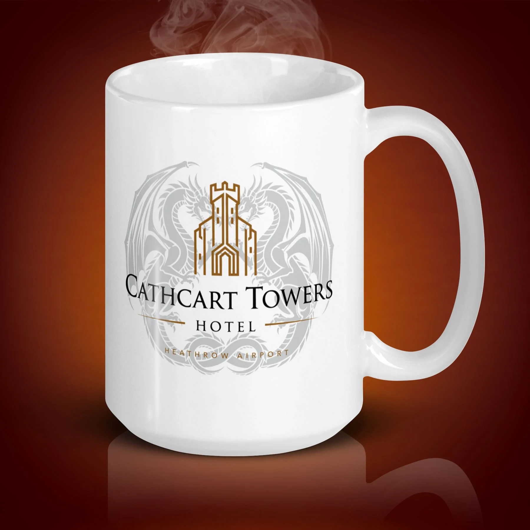 An 15-oz Cathcart Towers Hotel Mug displays the left side. The artwork on our mug is inspired by the movie "A Fish Called Wanda". It is available for $24.49 with free shipping.