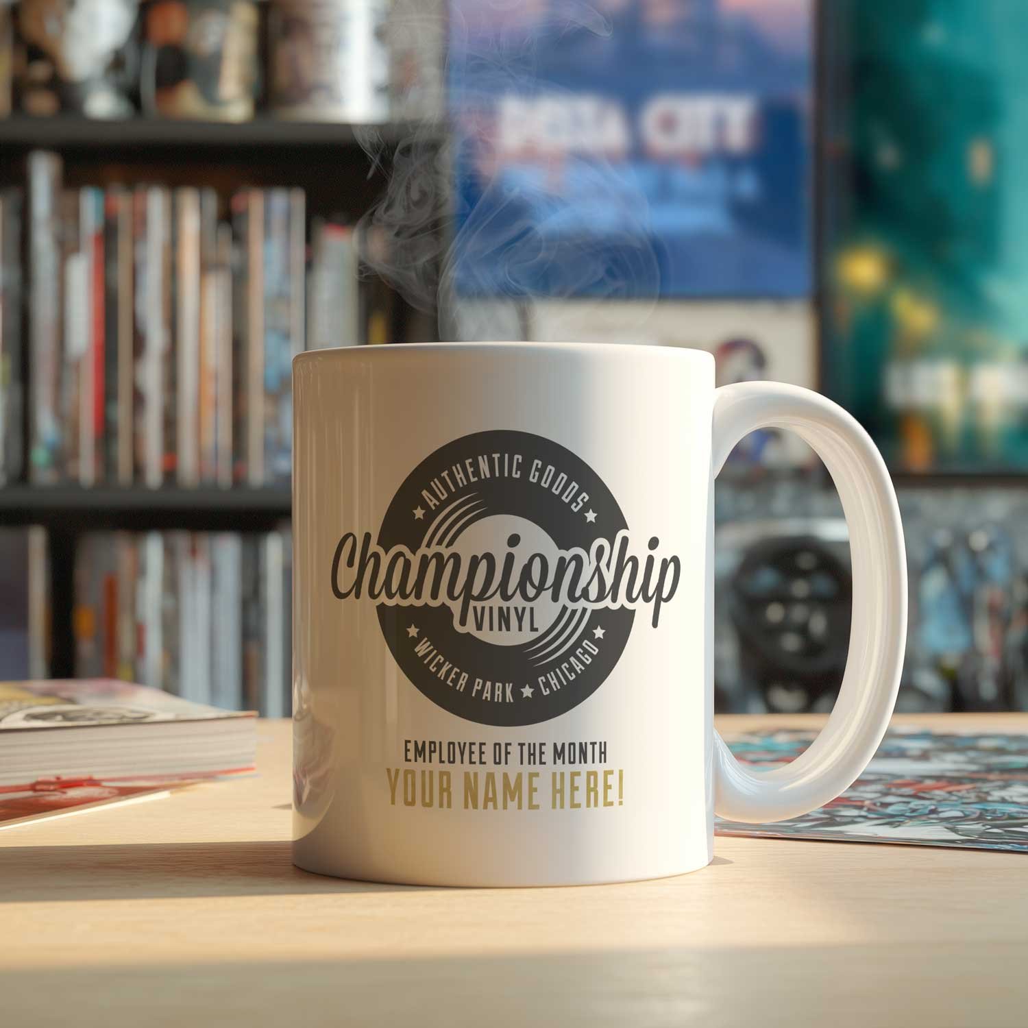 A personalized Championship Vinyl mug is displayed on a table, filled with coffee.