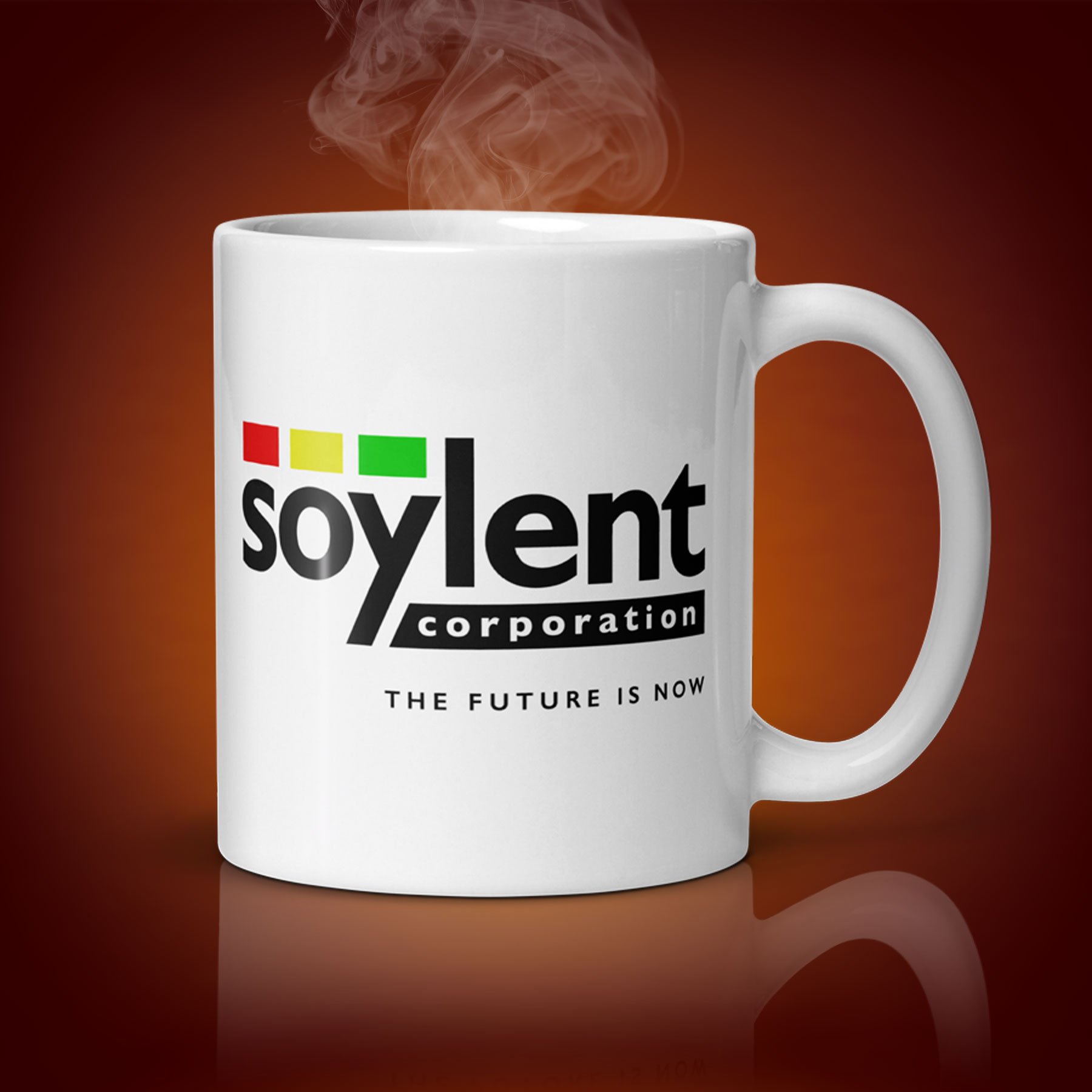 An 11-oz Soylent Corporation Mug displays the left side. The artwork on our mug is inspired by the movie "Soylent Green". It is available for $21.99 with free shipping.
