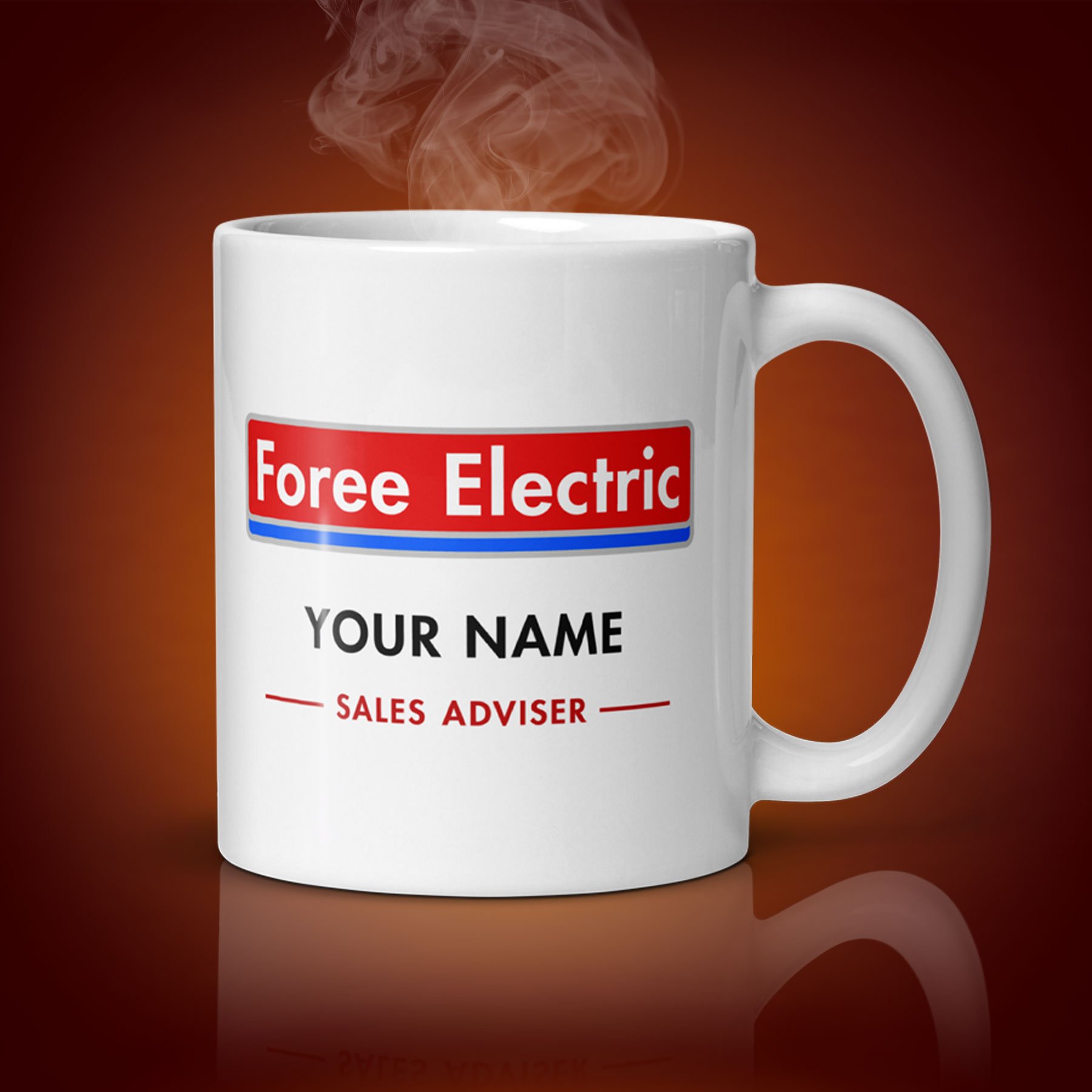 An 11-oz personalized Foree Electric Mug displays the left side. The artwork on our mug is inspired by the movie "Shaun of the Dead". It is available for $24.99 with free shipping.