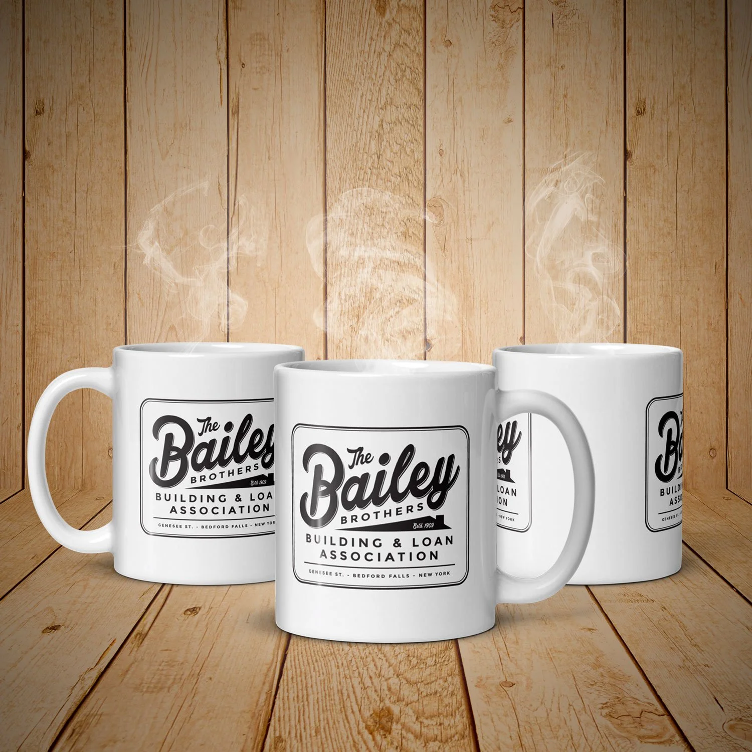 Three Bailey Brothers Mugs showing the right, left, and center sides. The movie It's a Wonderful Life inspired the mug. $21.99 with shipping included.