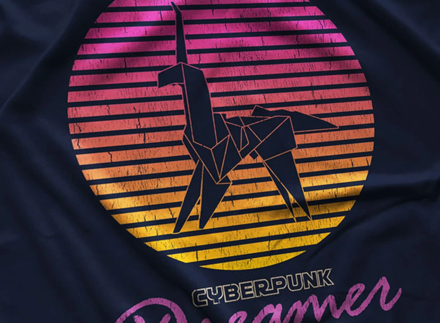 Close-up of a Cyberpunk Dreamer T-Shirt in Navy Blue. Blade Runner Inspired shirt in sizes: S, M, L, XL, 2XL, 3XL, 4XL, and 5XL. From $21.49
