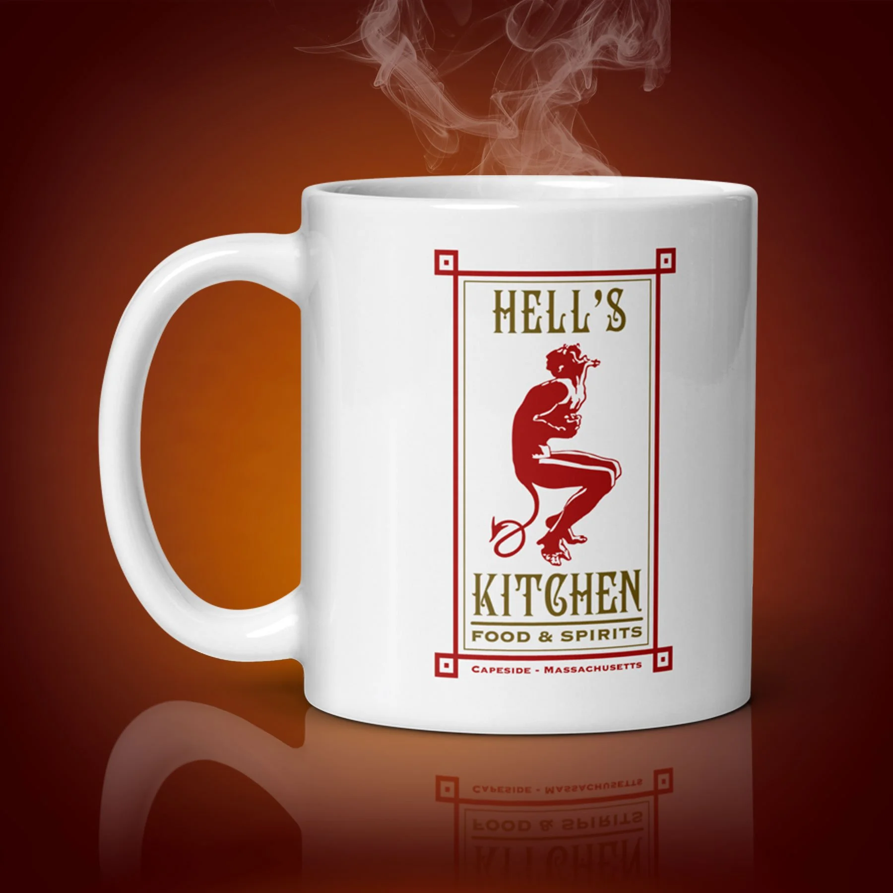 An 11-oz Hell's Kitchen mug displays the right side. The artwork on our mug is inspired by the TV series "Dawson's Creek". It is available from $21.99 with free shipping.