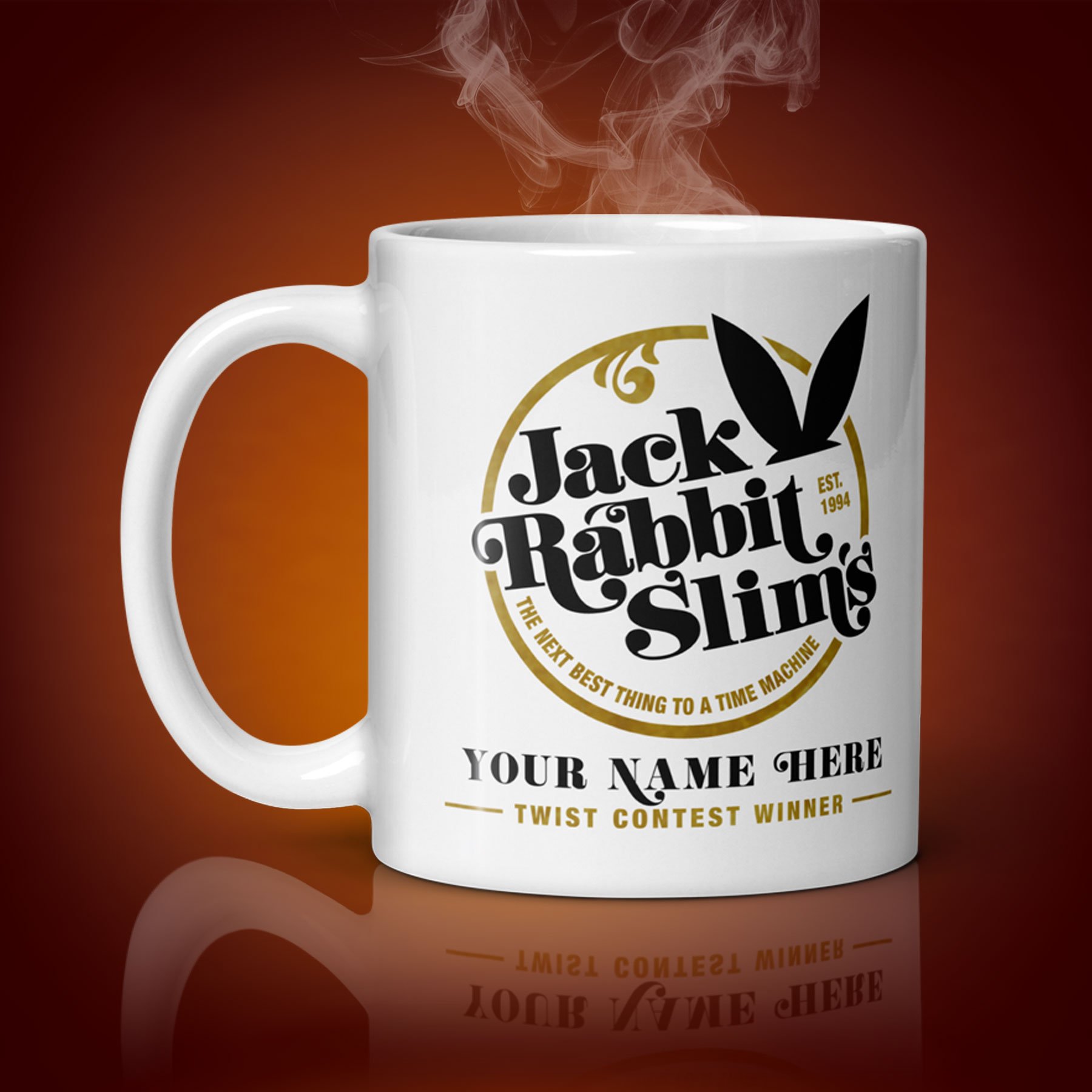 An 11-oz personalized Jack Rabbit Slim's mug displays the right side. The artwork on our mug is inspired by the movie "Pulp Fiction". It is available for $24.99 with free shipping.