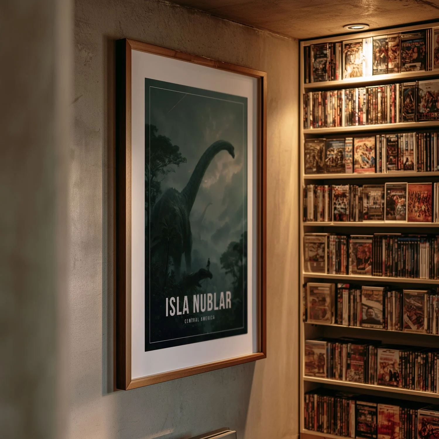 An A1 frame holding a 20x30-inch poster of Isla Nublar hangs on a white wall. The artwork on our poster is inspired by the movie "Jurassic Park". It costs from $24.99, and shipping is included.