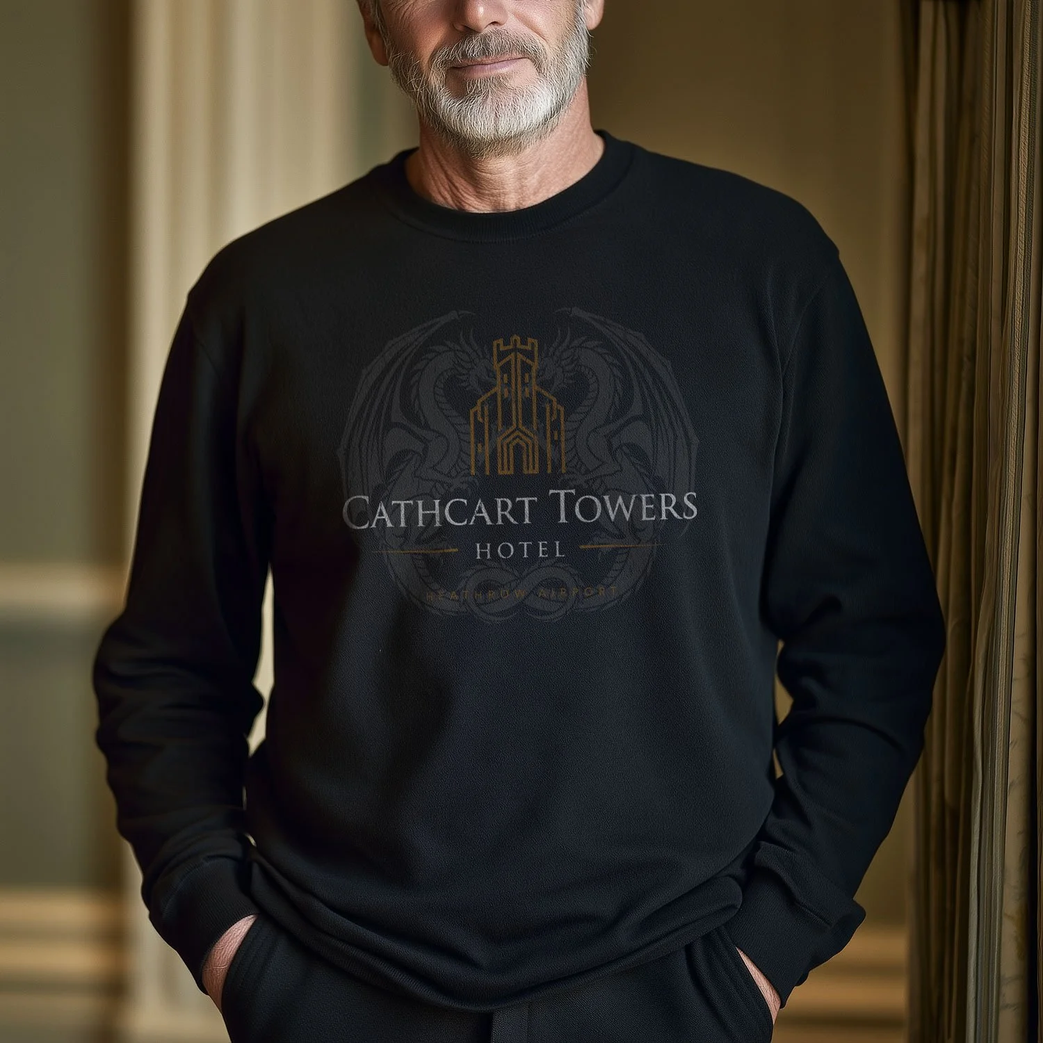 Image of a man wearing a Cathcart Towers Hotel long-sleeve T-shirt in an upscale English hotel.
