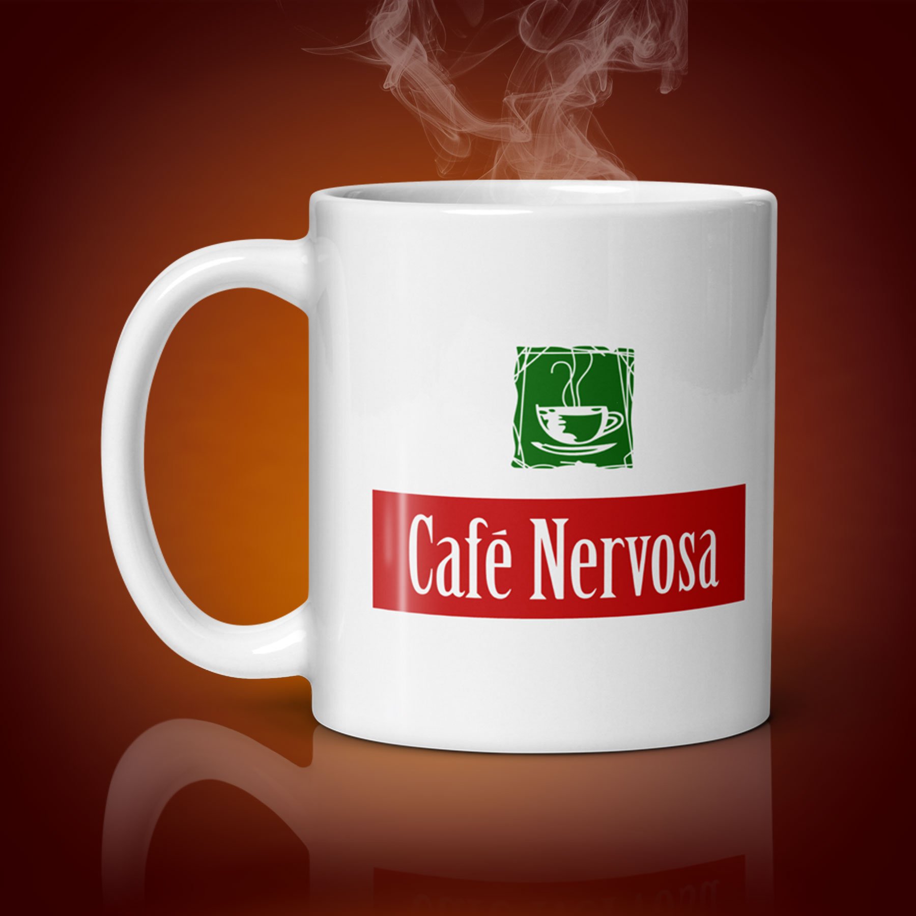 An 11-oz Café Nervosa mug displays the right side. The artwork on our mug is inspired by the show "Frasier". It is available for $21.99 with free shipping.