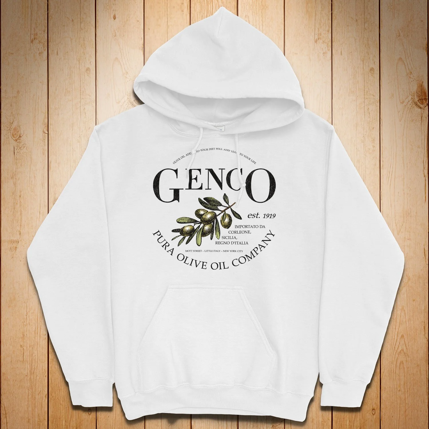 Check out our Genco Pura Olive Oil Co Hoodie in White. This hooded top is inspired by the movie "The Godfather Part II." Available in sizes S-3XL for $34.99 with free shipping.