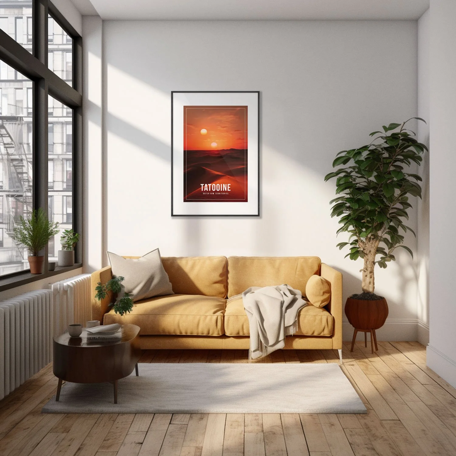 Photo of a cozy living room with an A0 frame holding a 24x36 inches Tatooine poster hanging on a wall above a sofa.