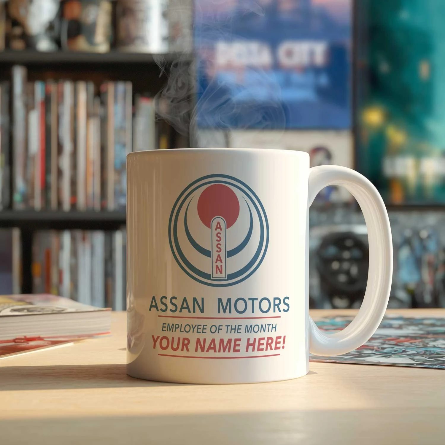 A personalized Assan Motors Mug is displayed on a table, filled with coffee.