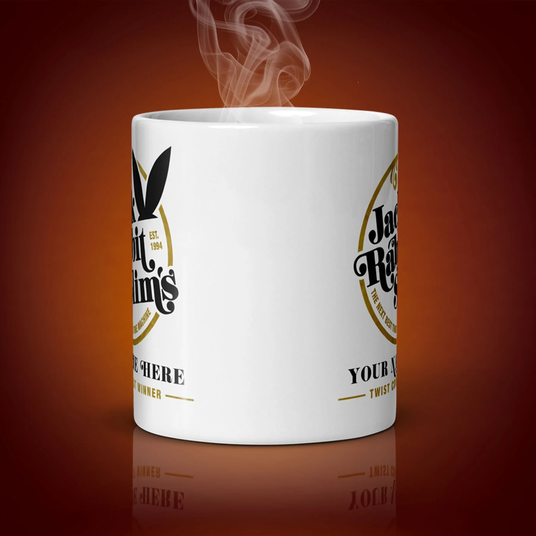 An 11-oz personalized Jack Rabbit Slim's mug displays the center side. The artwork on our mug is inspired by the movie "Pulp Fiction". It is available for $24.99 with free shipping.
