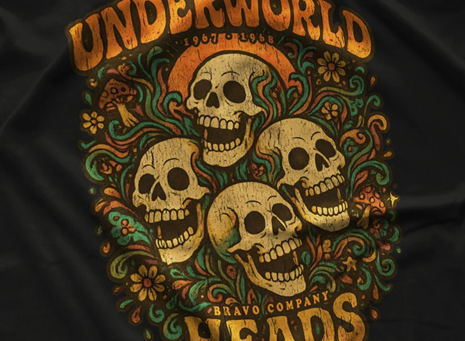 Close-up of an Underworld Heads T-Shirt in Black.