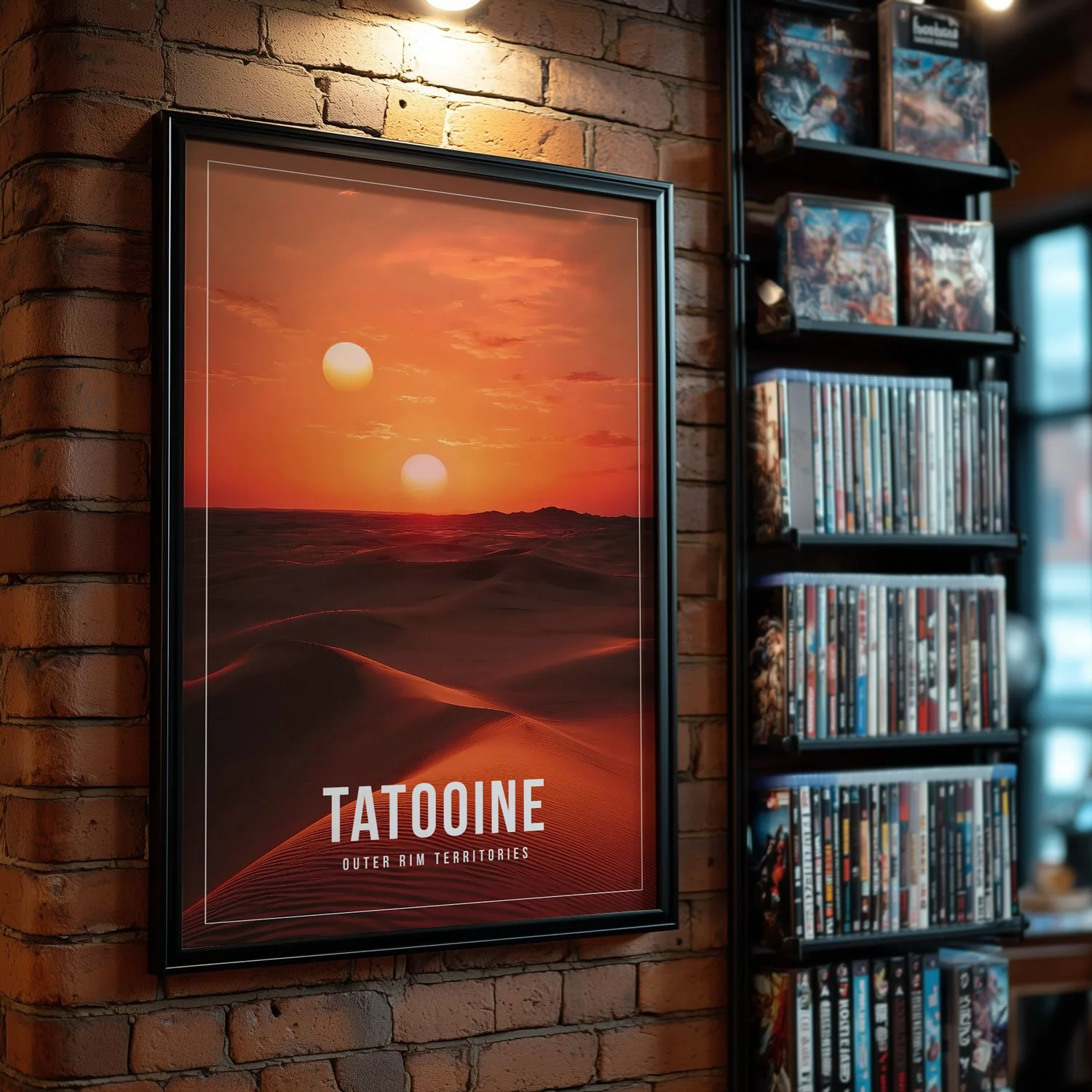 A 20x30-inch poster of Tatooine is hanging on a brick wall beside shelves filled with DVDs. The artwork on our poster is inspired by the movie "Star Wars – A New Hope". Available in three sizes.