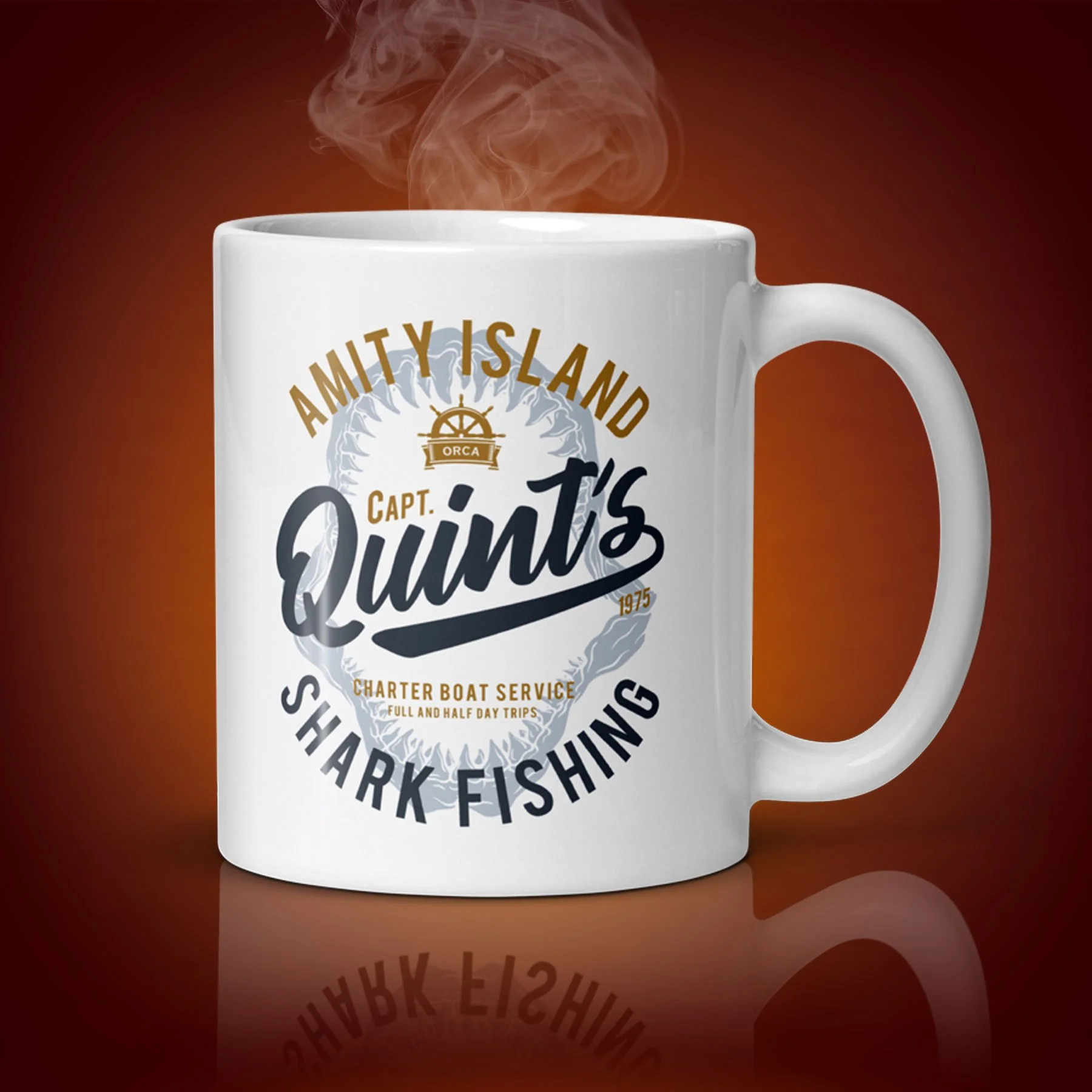An 11-oz Quint's Shark Fishing mug displays the left side. The artwork on our mug is inspired by the movie "Jaws". It is available for $21.99 with free shipping.