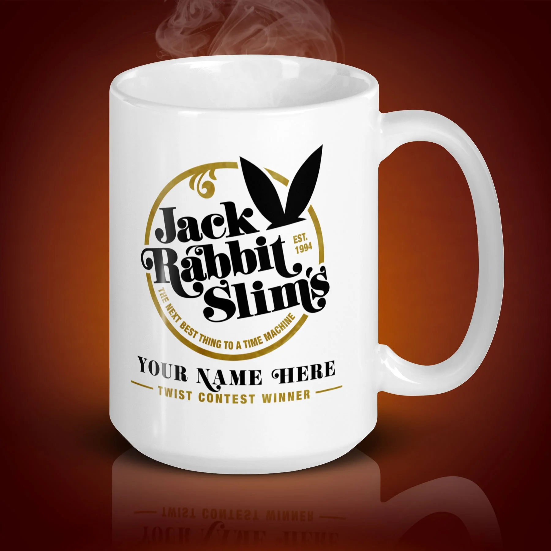 An 15-oz personalized Jack Rabbit Slim's mug displays the left side. The artwork on our mug is inspired by the movie "Pulp Fiction". It is available for $27.49 with free shipping.