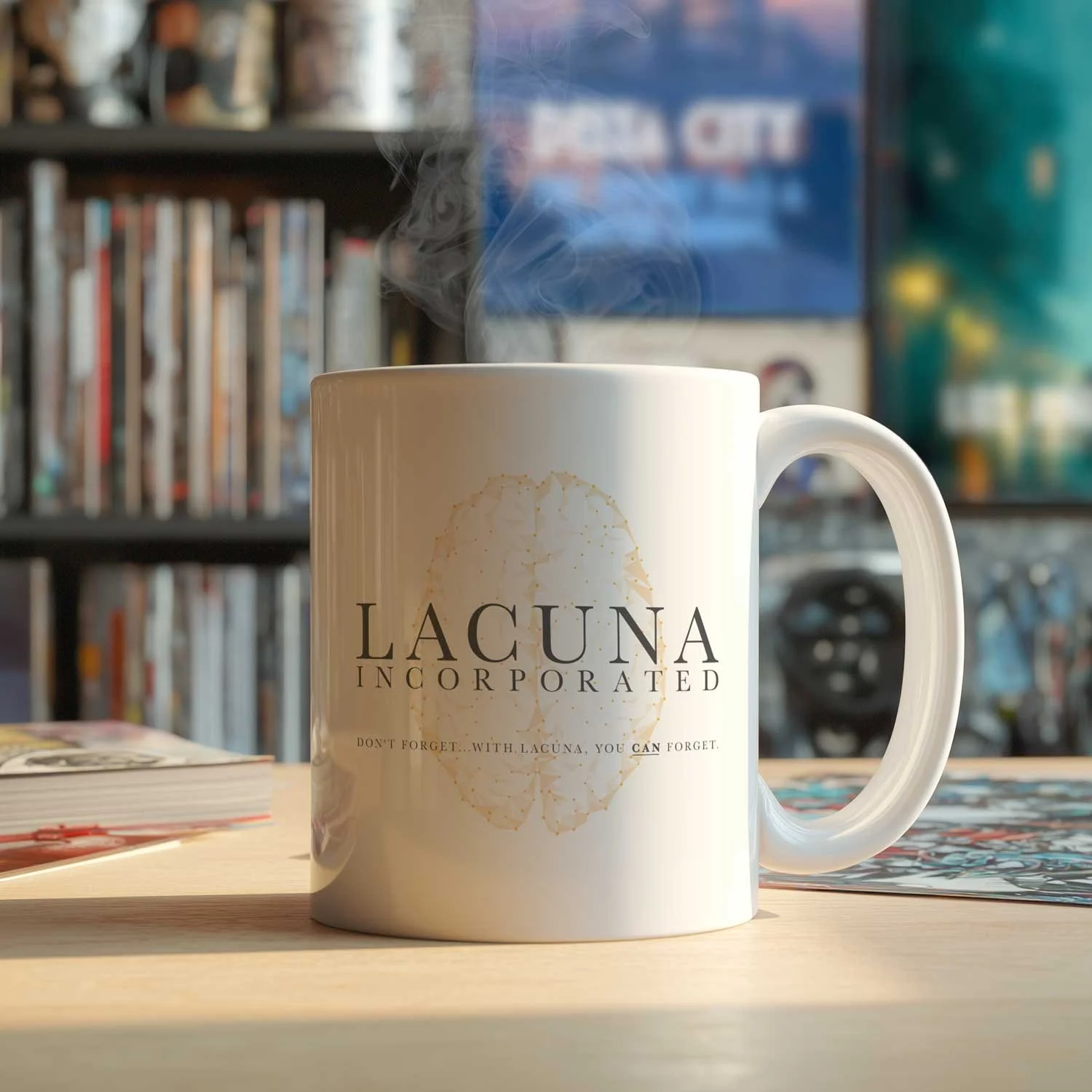 A Lacuna Incorporated mug is displayed on a table, filled with coffee.