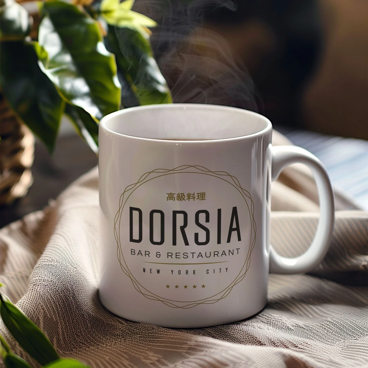 A Dorsia Bar & Restaurant Mug is displayed on a table, filled with coffee.