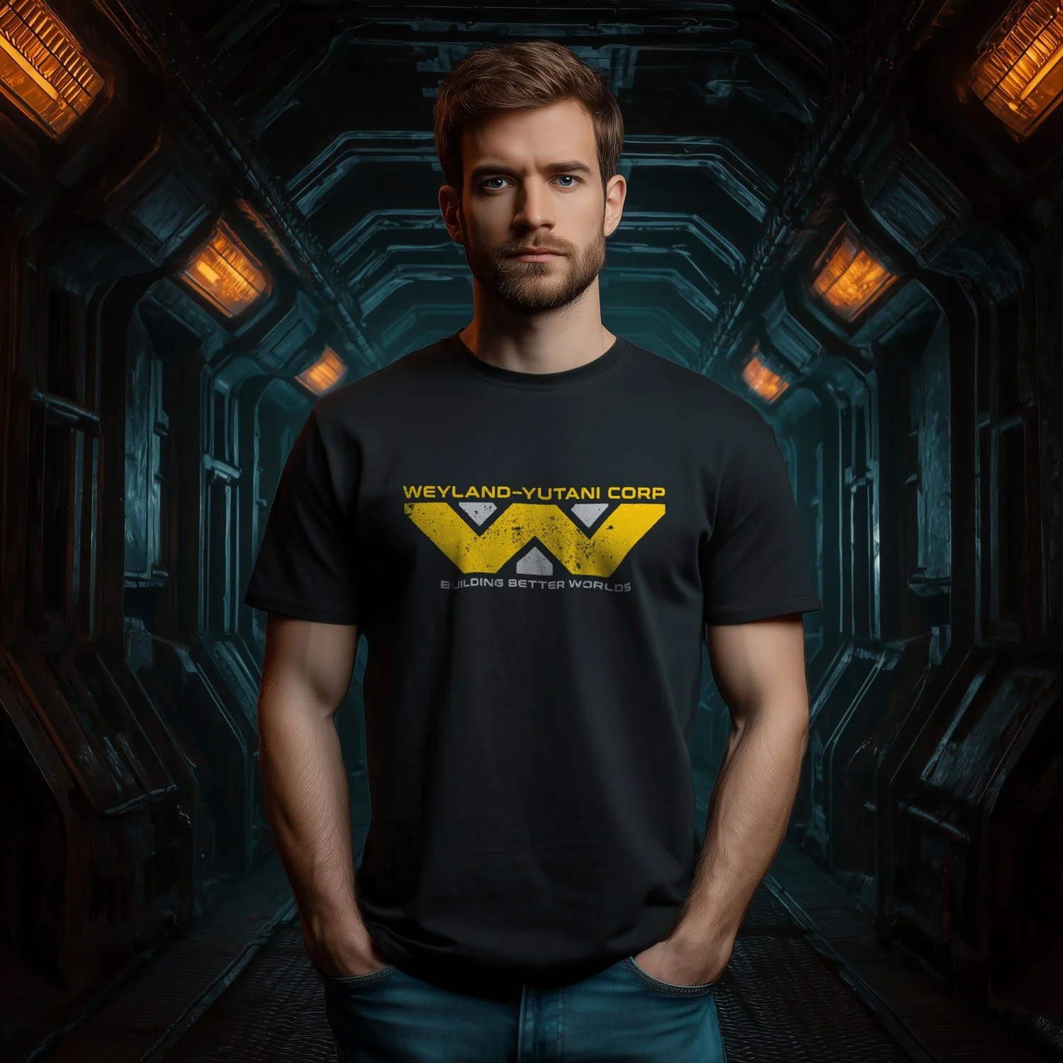 Image of a man wearing a Weyland-Yutani Corp T-shirt in Black in a dark corridor on Hadley's Hope, LV-426.