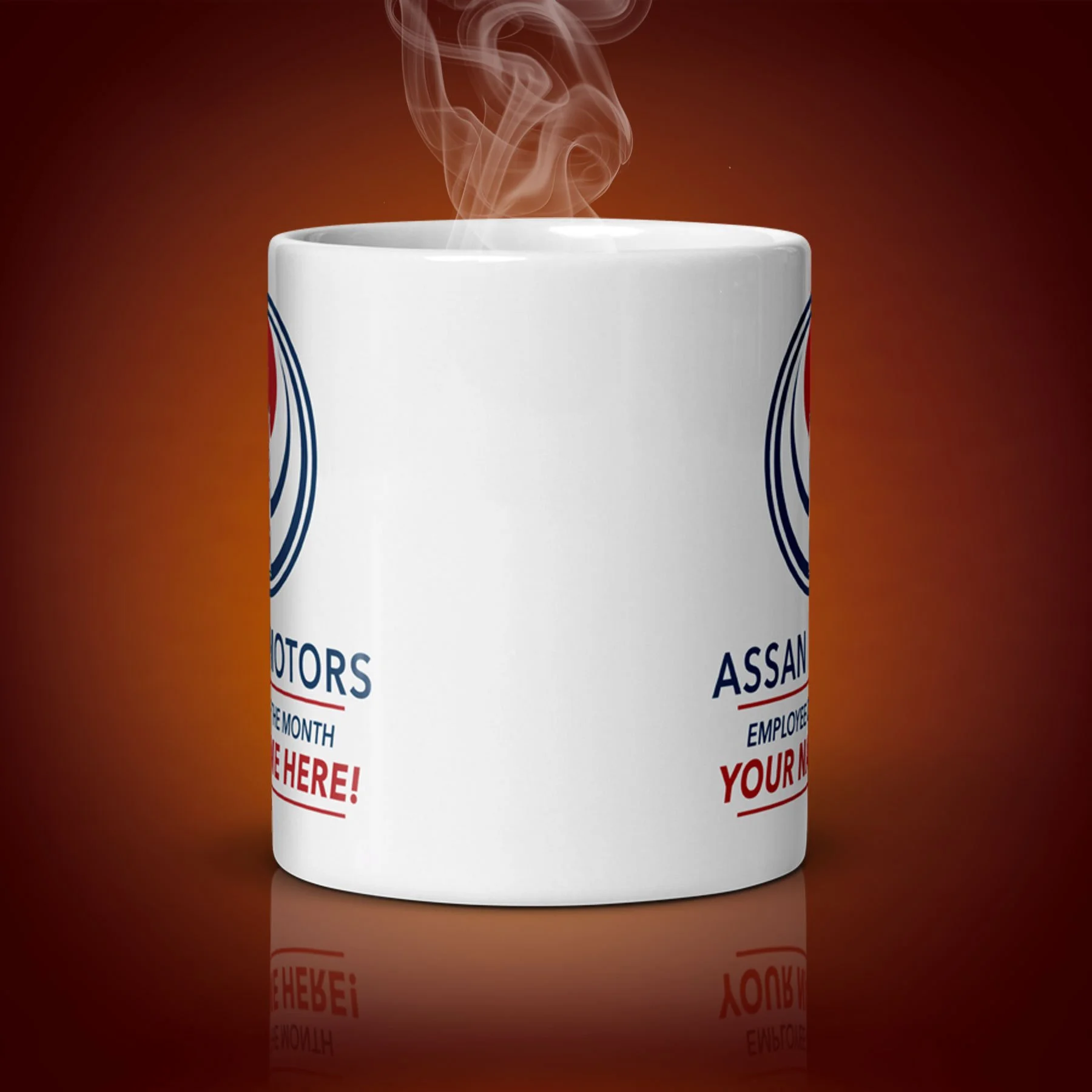 An 11-oz personalized Assan Motors Mug displays the center side. The artwork on our mug is inspired by the movie "Gung Ho". It is available for $24.99 with free shipping.