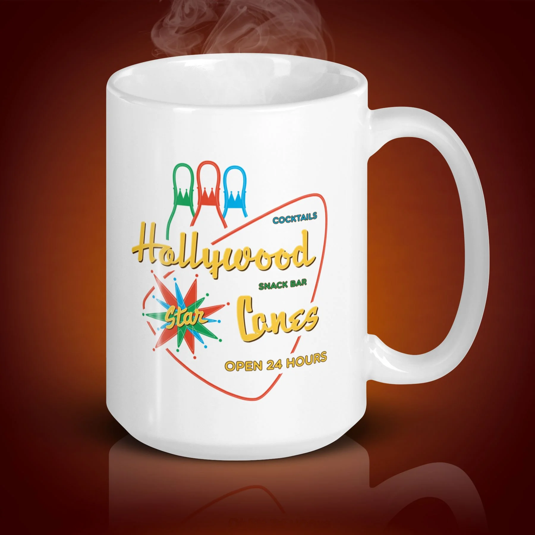 An 15-oz Hollywood Star Lanes mug displays the left side. The artwork on our mug is inspired by the movie "The Big Lebowski". It is available for $24.49 with free shipping.
