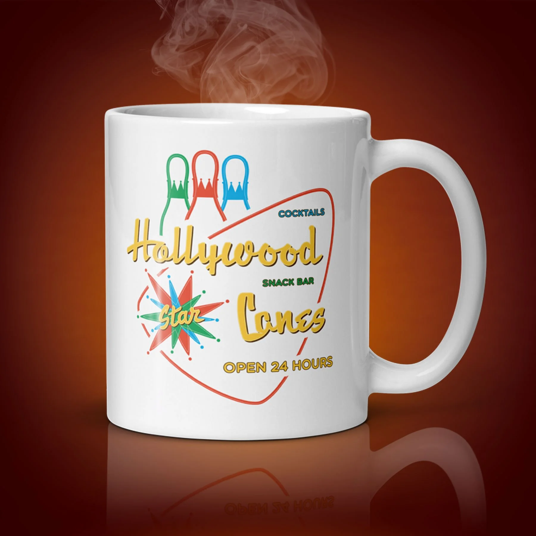 An 11-oz Hollywood Star Lanes mug displays the left side. The artwork on our mug is inspired by the movie "The Big Lebowski". It is available for $21.99 with free shipping.