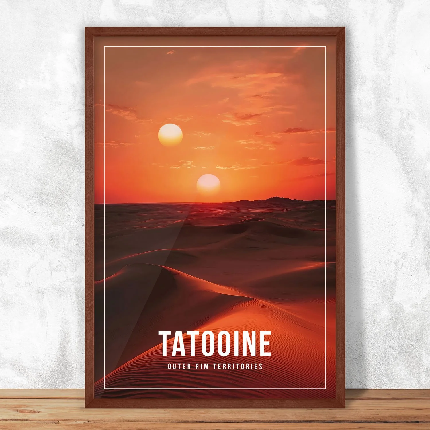 A Tatooine poster is hanging on a wall in a frame. The movie Star Wars - A New Hope inspired the poster. From $6.99 - shipping included.