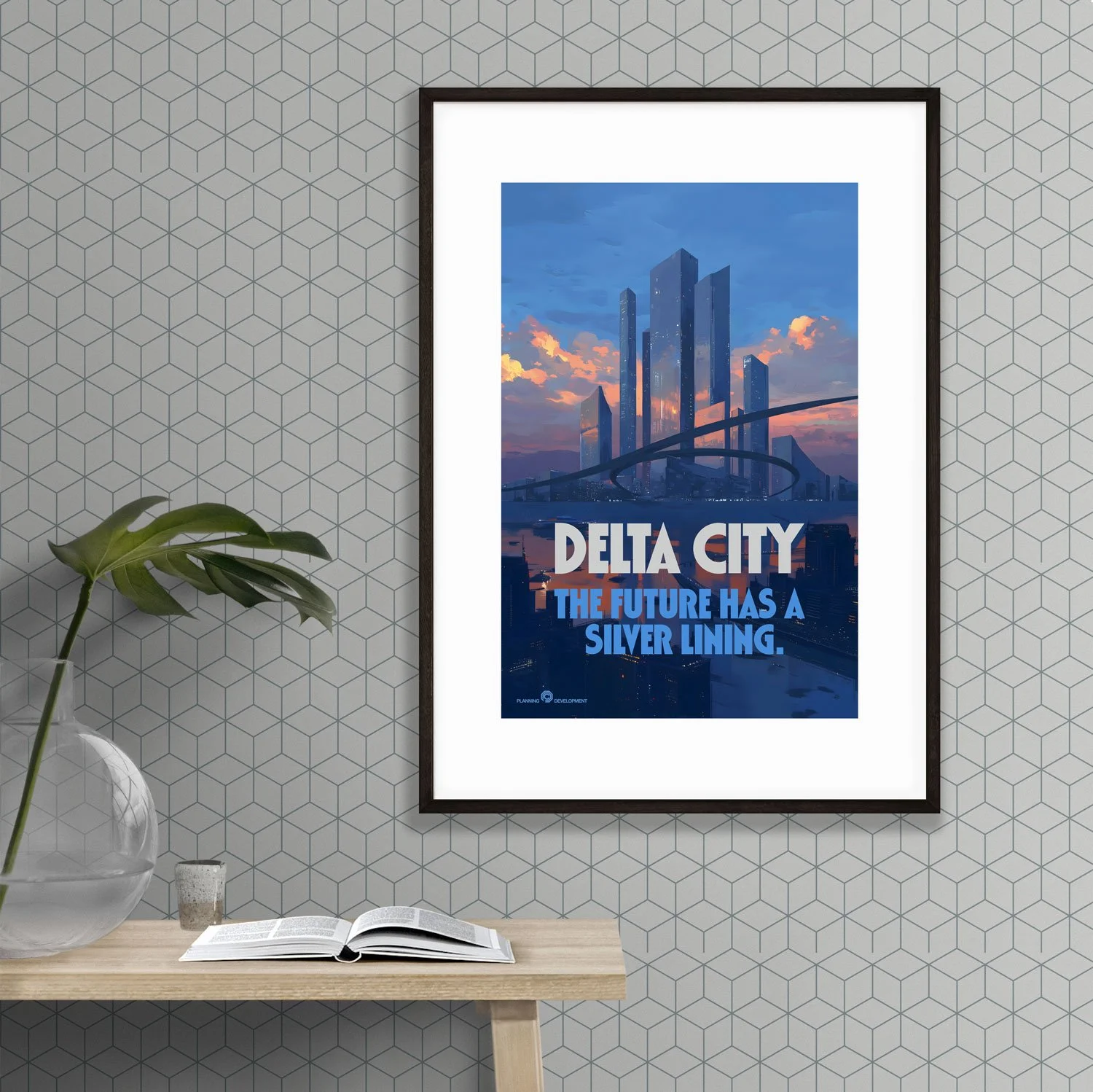 Photo of an A2 frame holding a 12x18 inches Delta City poster hanging on a wall.