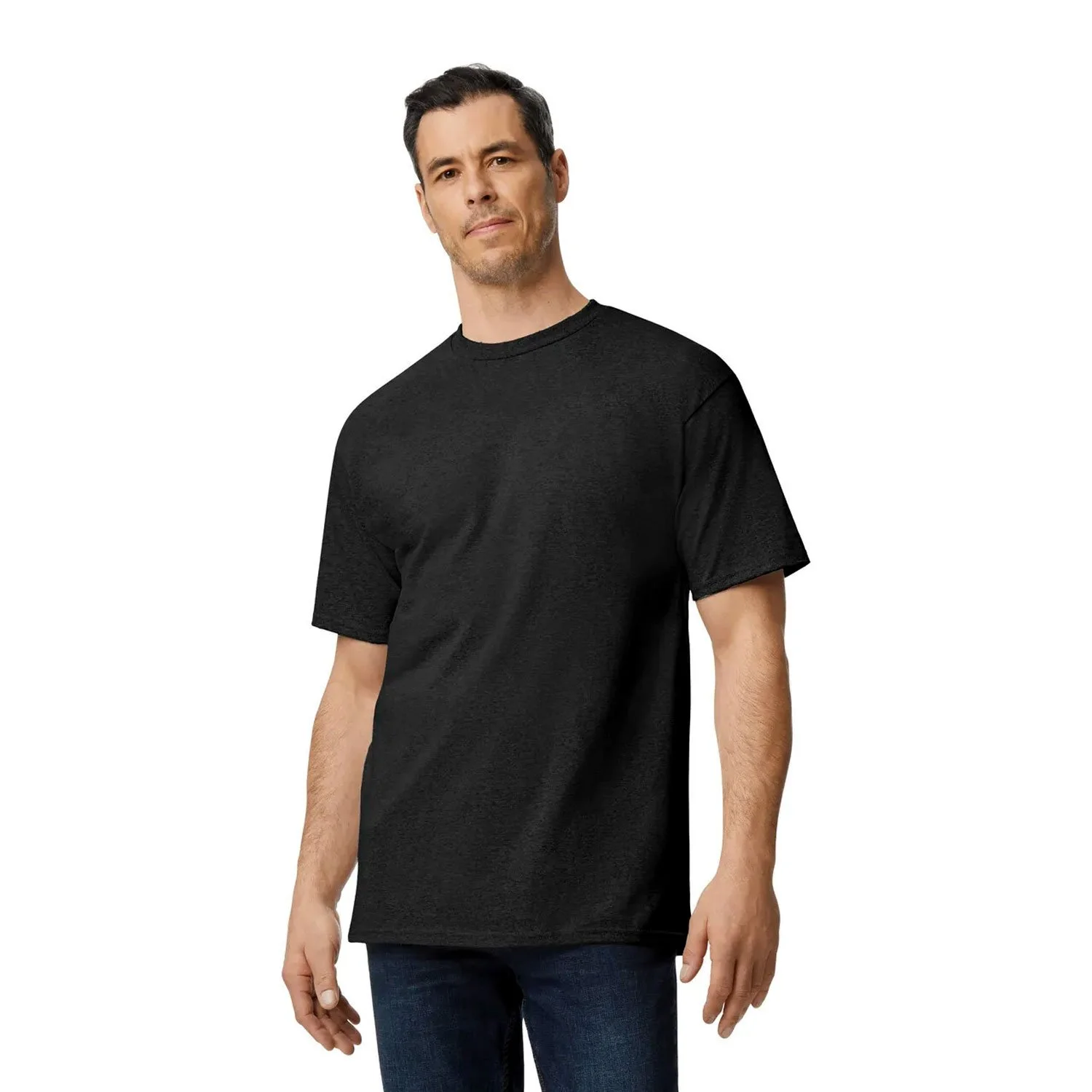 Image of a man, front view, wearing a black Gildan 2000 Tall shirt.