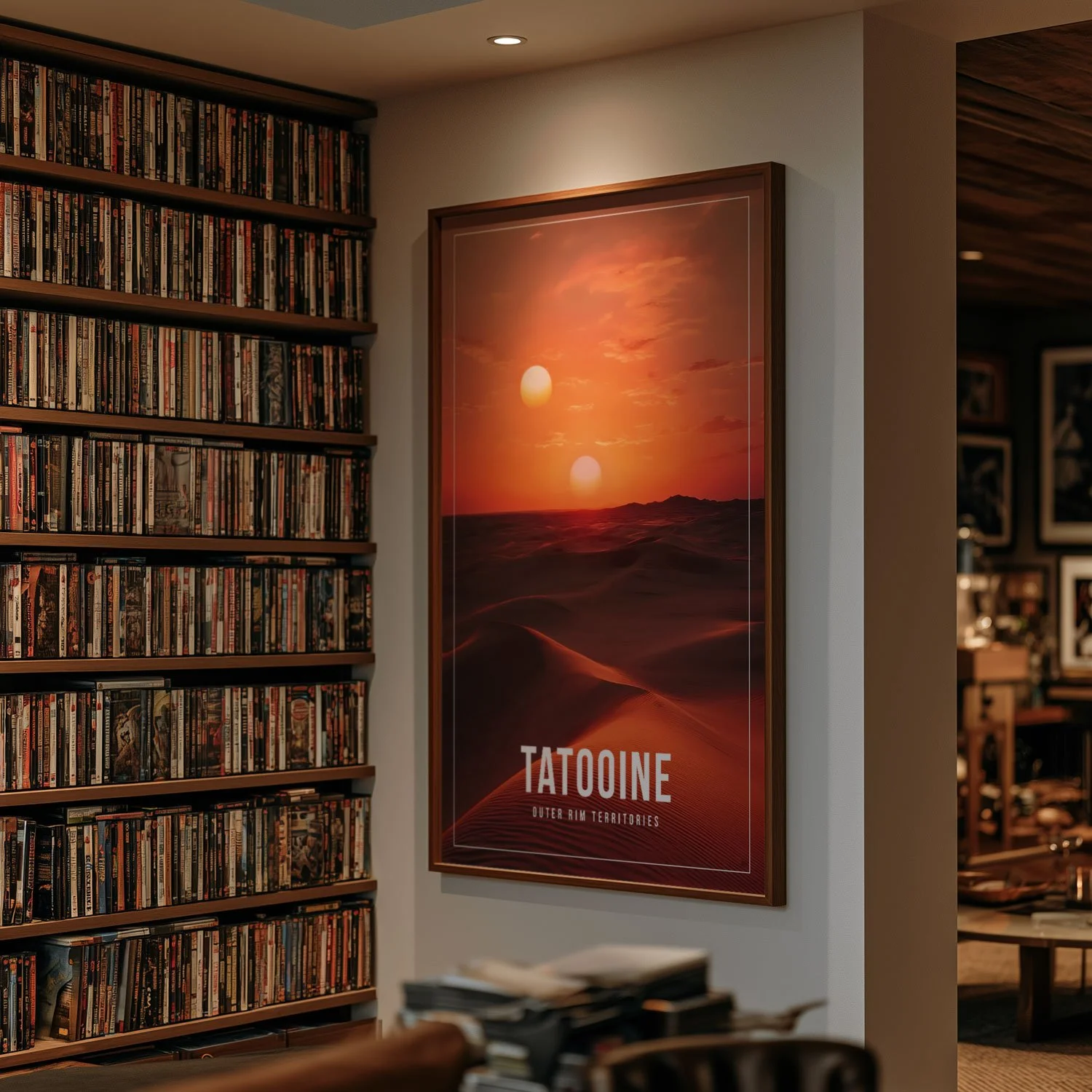 A framed 24x36-inch poster of Tatooine hangs on a white wall next to shelves filled with DVDs. It costs from $24.99, and shipping is included.