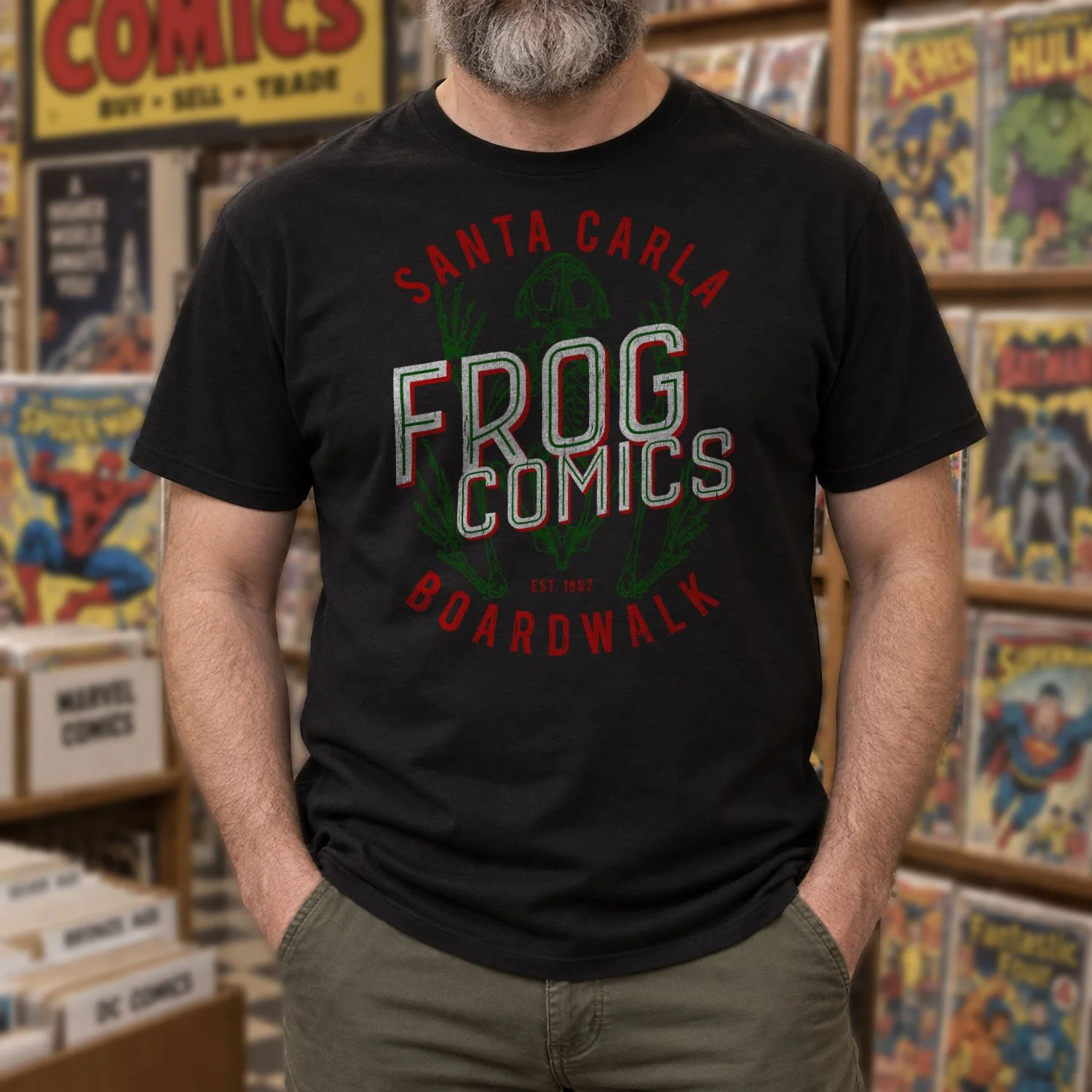 A man is wearing a Frog Comics T-shirt while standing in a retro comic book store.