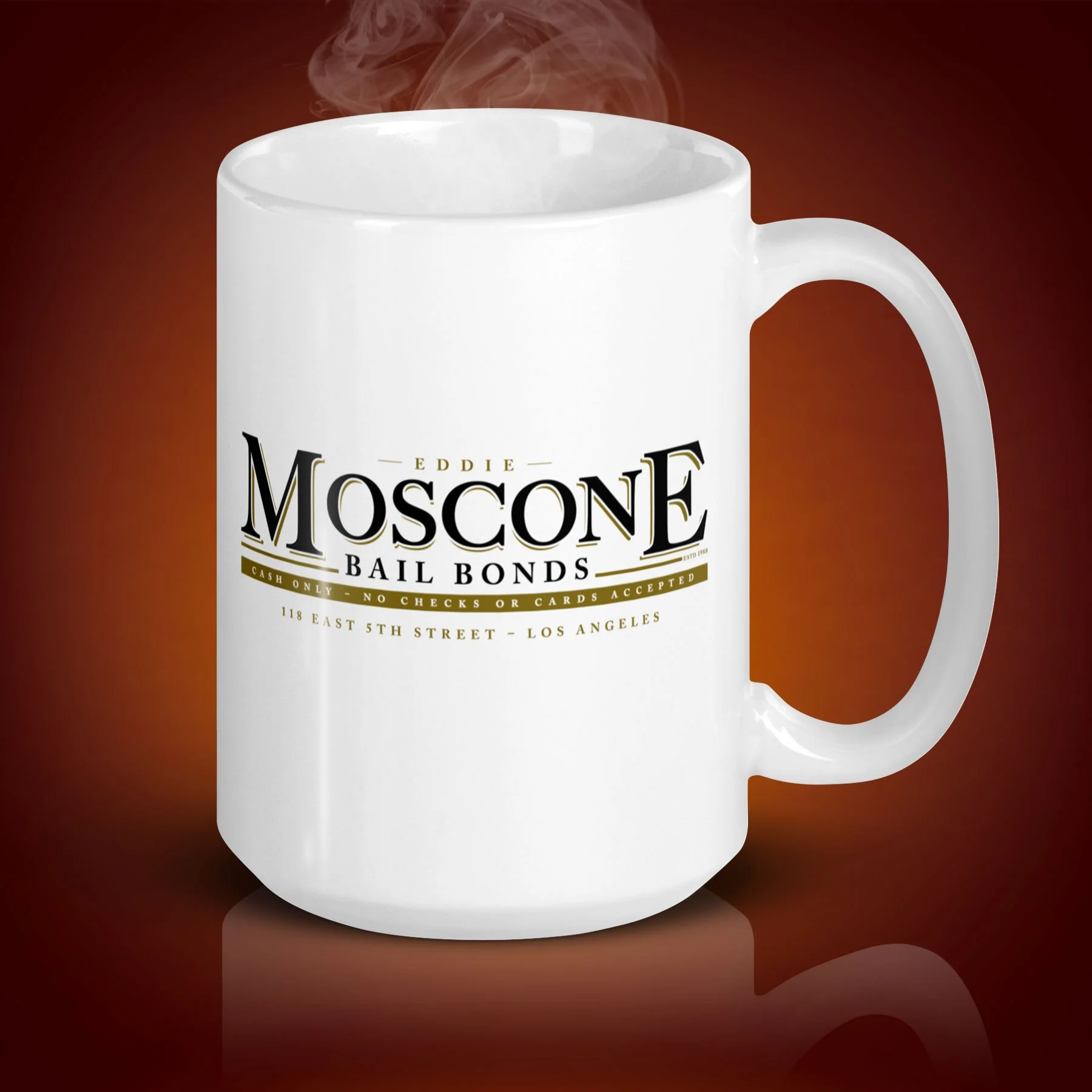 An 15-oz Moscone Bail Bonds Mug displays the left side. The artwork on our mug is inspired by the movie "Midnight Run". It is available for $24.49 with free shipping.