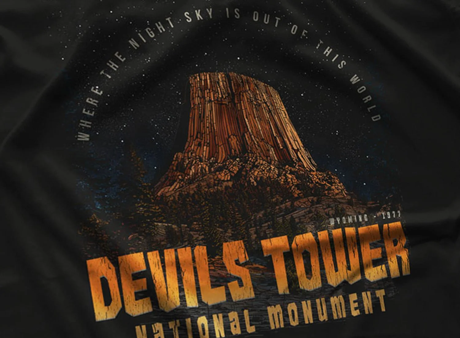 Close-up of a Devils Tower T-Shirt in color black, the movie Close Encounters of the Third Kind Inspired T-shirt in sizes S M L XL 2XL 3XL 4XL 5XL from $21.49