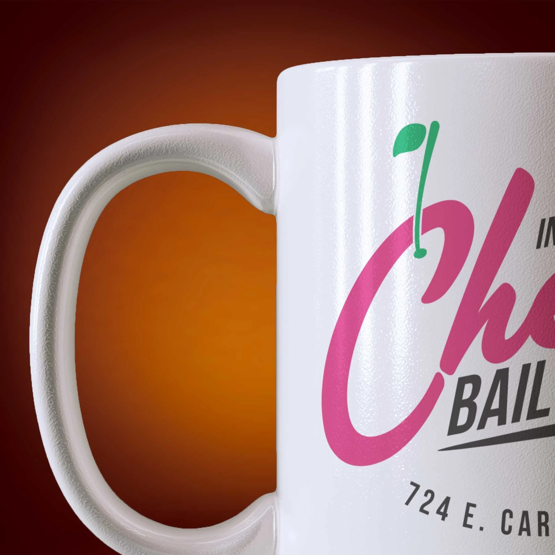 Close-up of an 11-oz Cherry Bail Bonds mug.