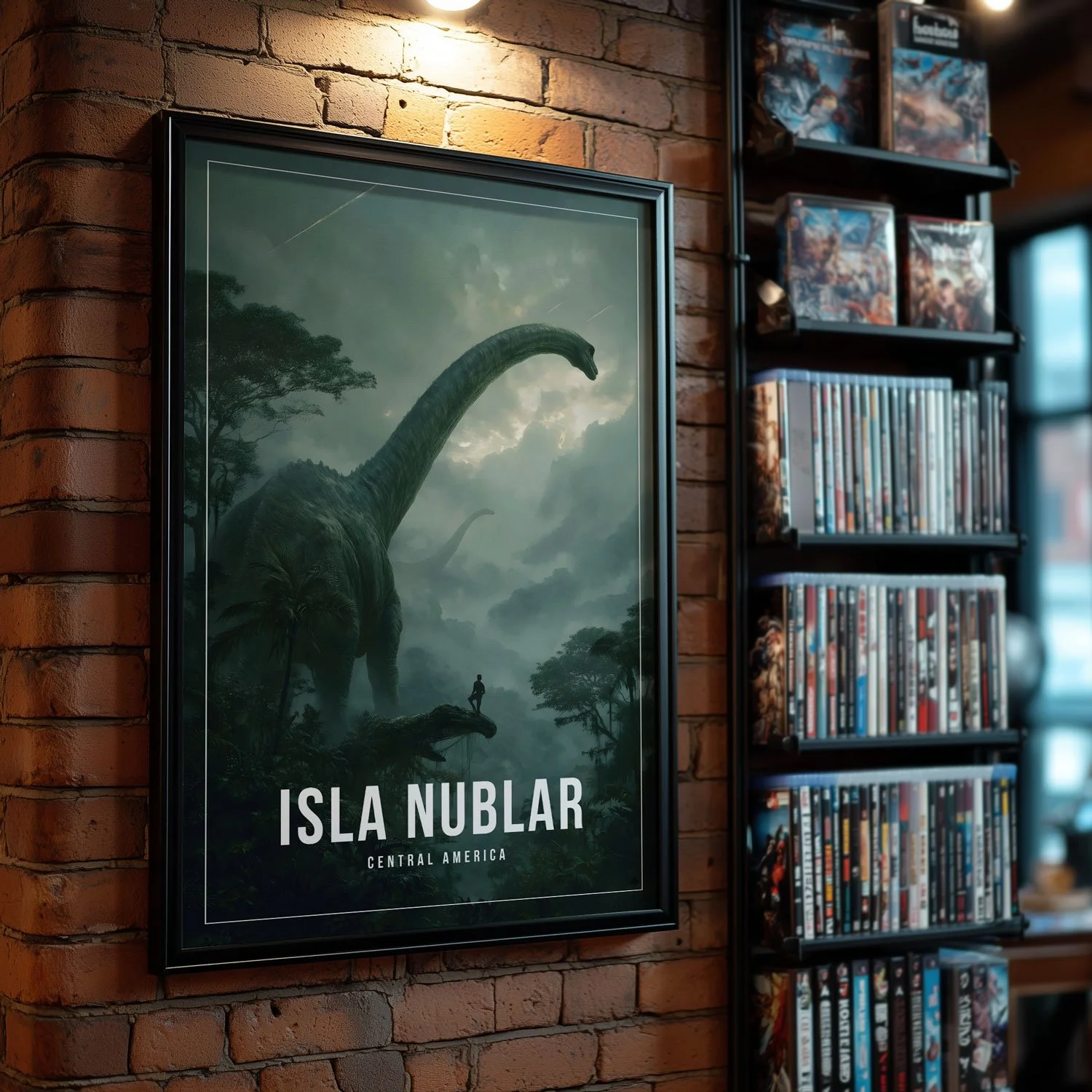 A 20x30-inch poster of Isla Nublar is hanging on a brick wall beside shelves filled with DVDs. The artwork on our poster is inspired by the movie "Jurassic Park". Available in three sizes.