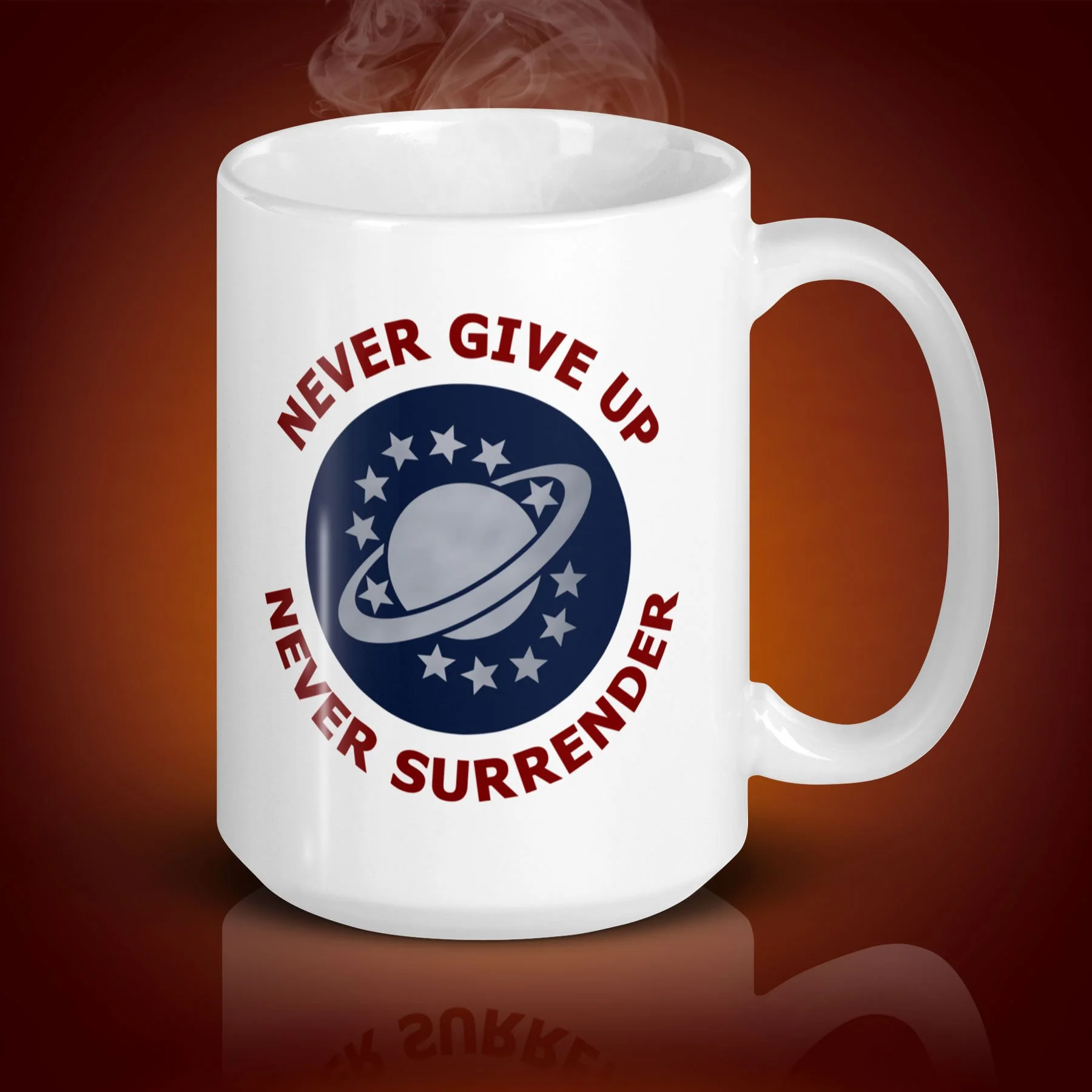 An 15-oz NSEA Mug displays the left side. The artwork on our mug is inspired by the movie "Galaxy Quest". It is available for $24.49 with free shipping.
