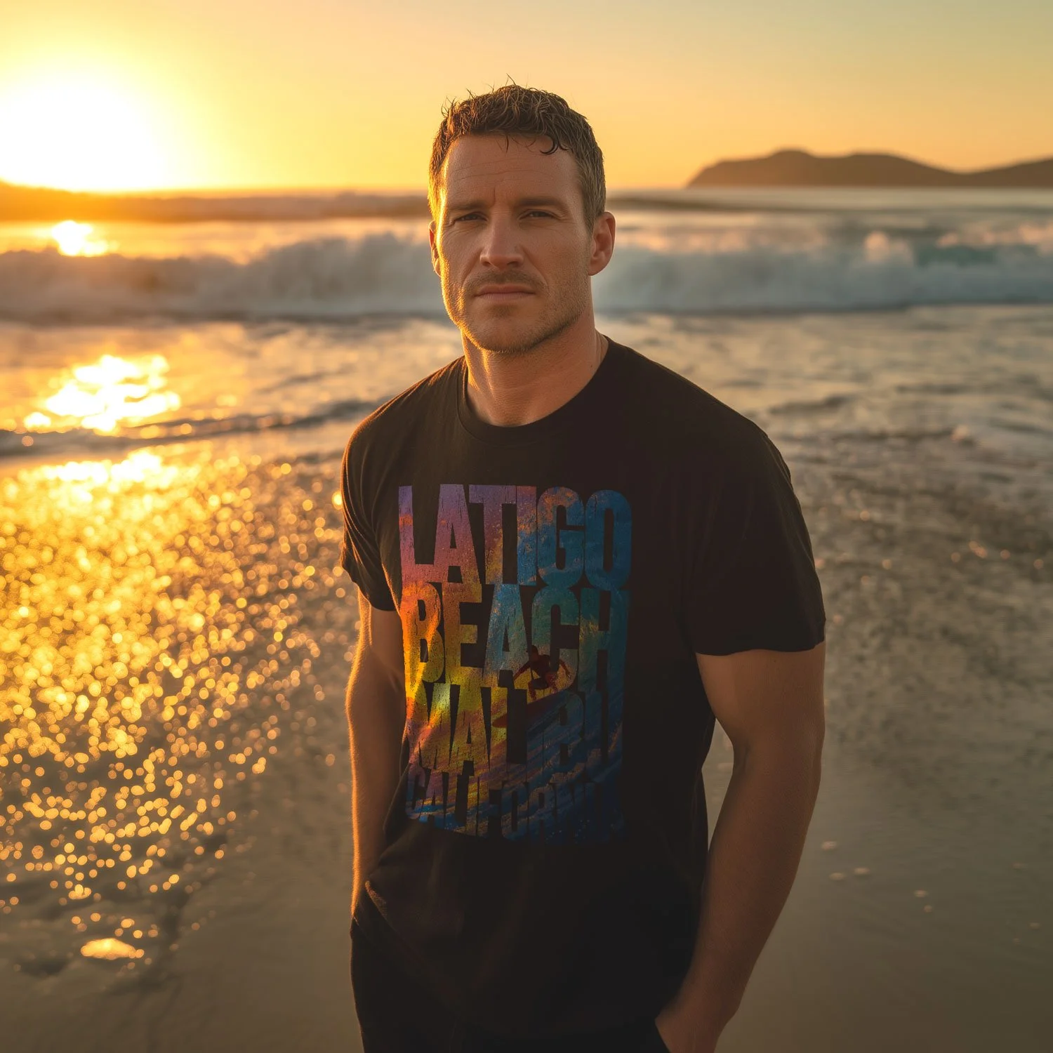 Image of a man wearing a Latigo Beach T-shirt in Black at a beach.