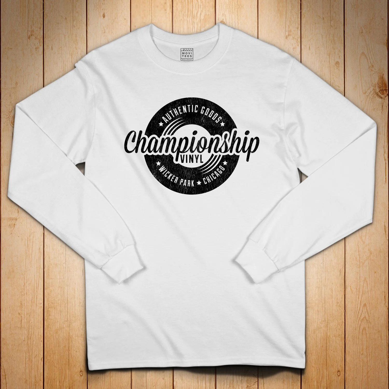 Championship Vinyl Long Sleeve T-shirt in White. Get your "High Fidelity"-inspired shirt in sizes S to 5XL, starting at just $27.99 with free shipping.