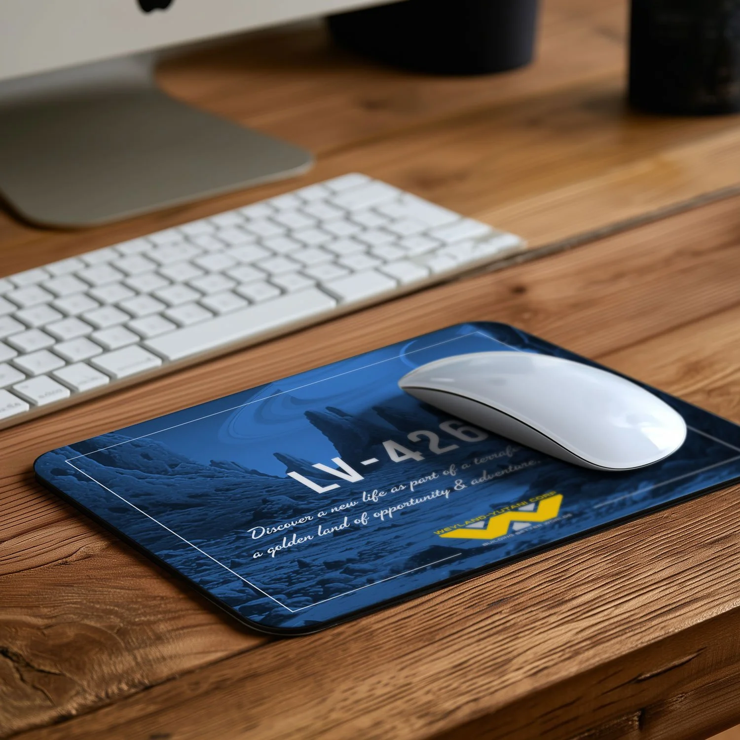 An LV-426 mouse pad inspired by "Aliens" in laying on a office desk.